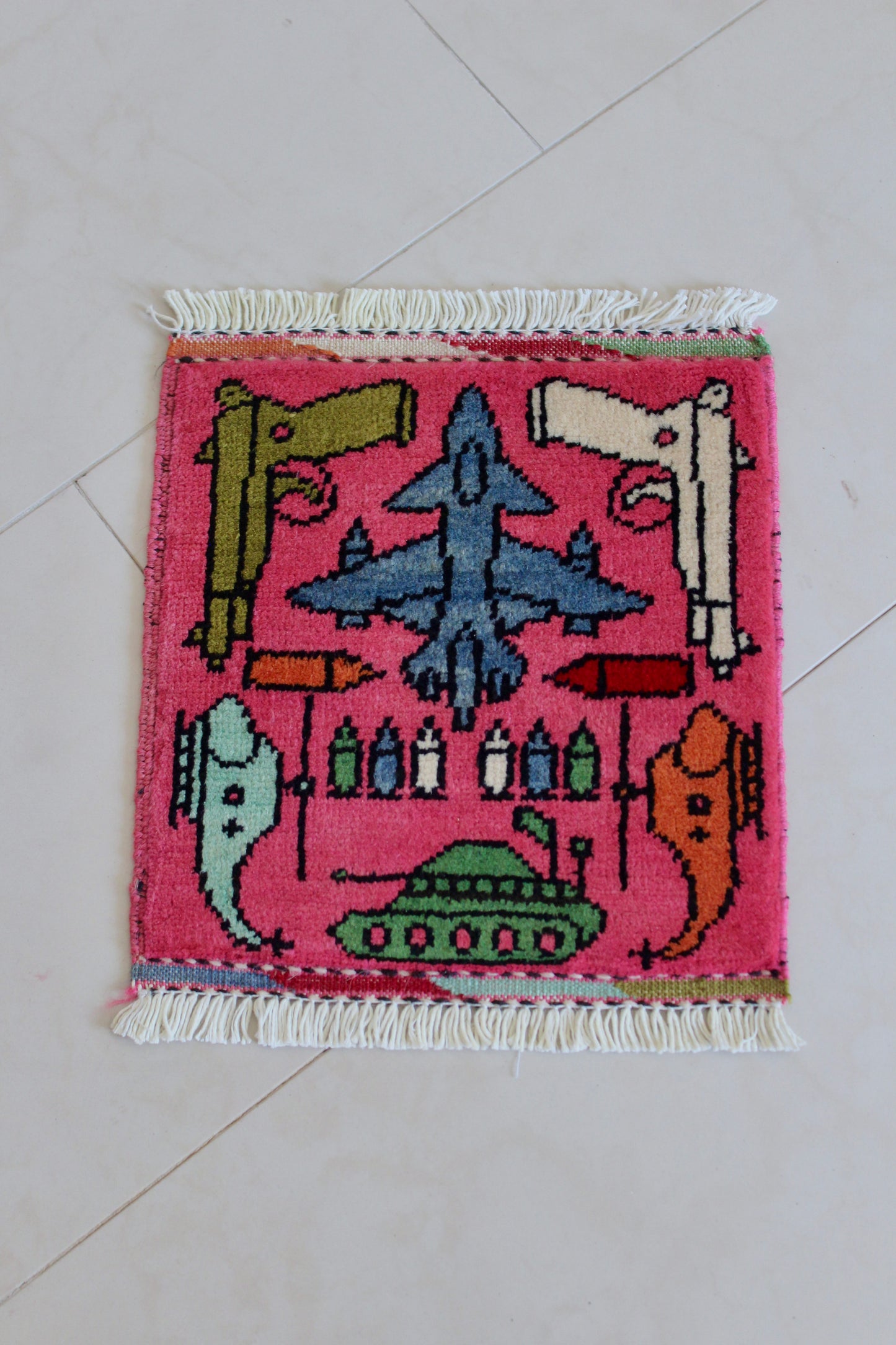 Small Hand-Knotted Afghan War Rug – Military Aircraft & Weapons Motif 30cm by 30cm