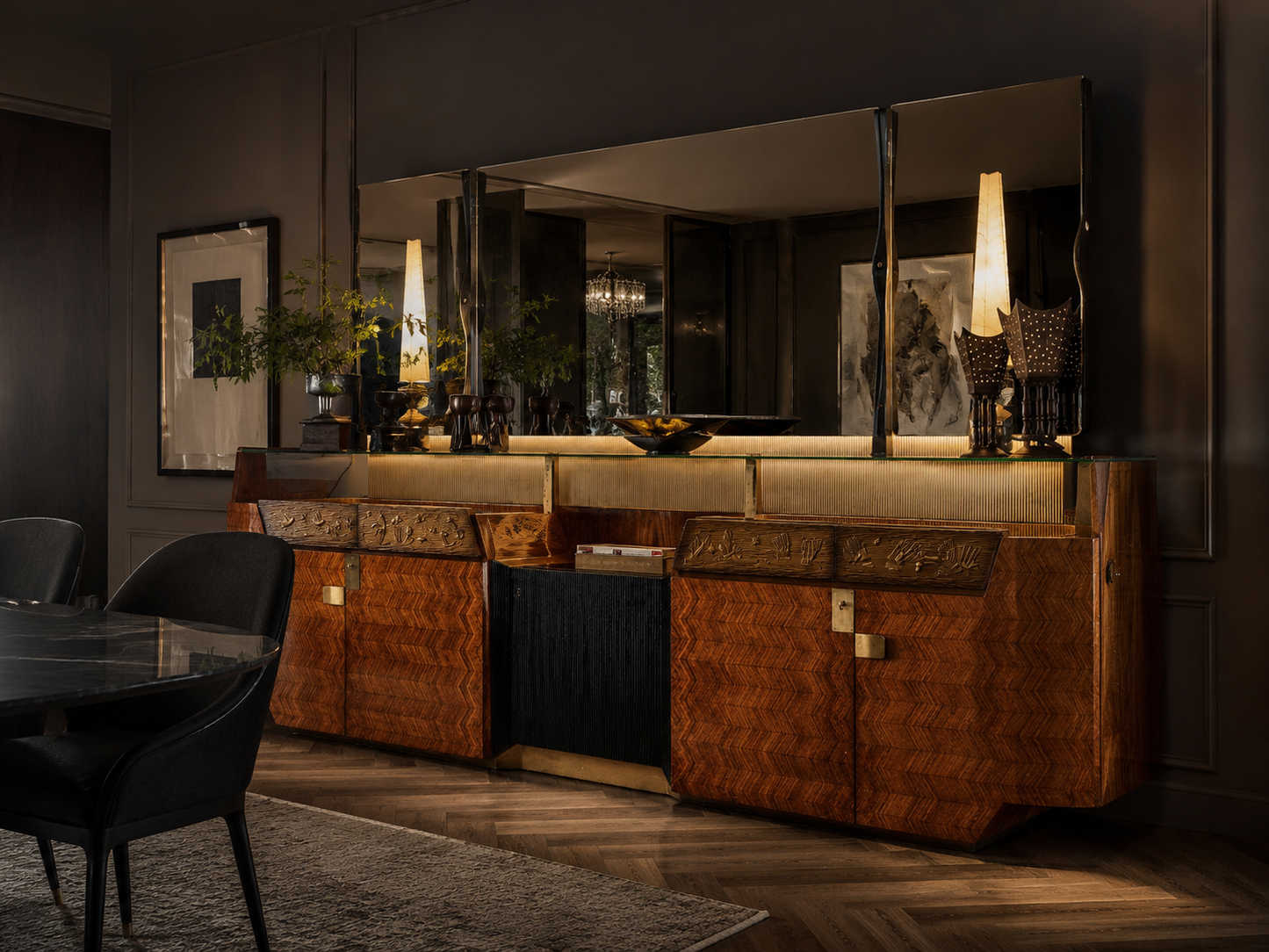 Monumental Italian Mid-Century Sideboard with Illuminated Mirror by Vittorio Dassi for Consorzio Esposizioni Mobili Cantù, c. 1950s–60s