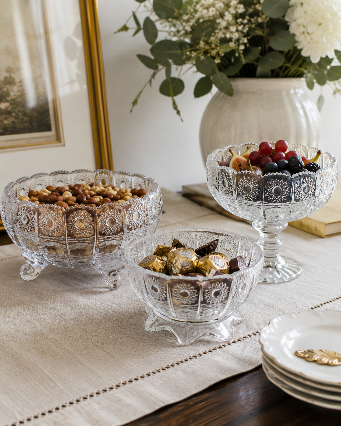 Collection of 3 Vintage Pressed-Glass Serving Bowls