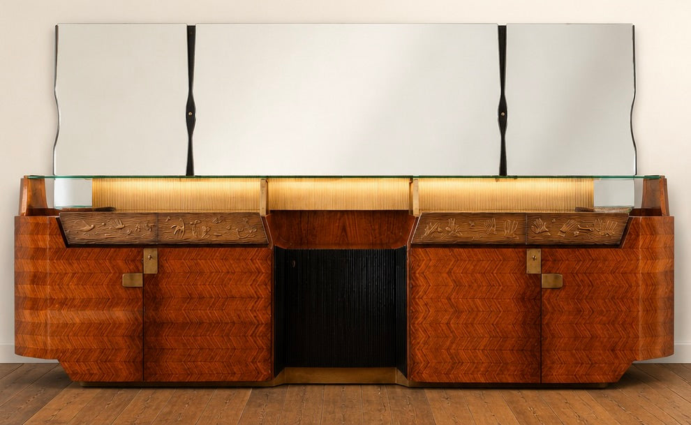 Monumental Italian Mid-Century Sideboard with Illuminated Mirror by Vittorio Dassi for Consorzio Esposizioni Mobili Cantù, c. 1950s–60s