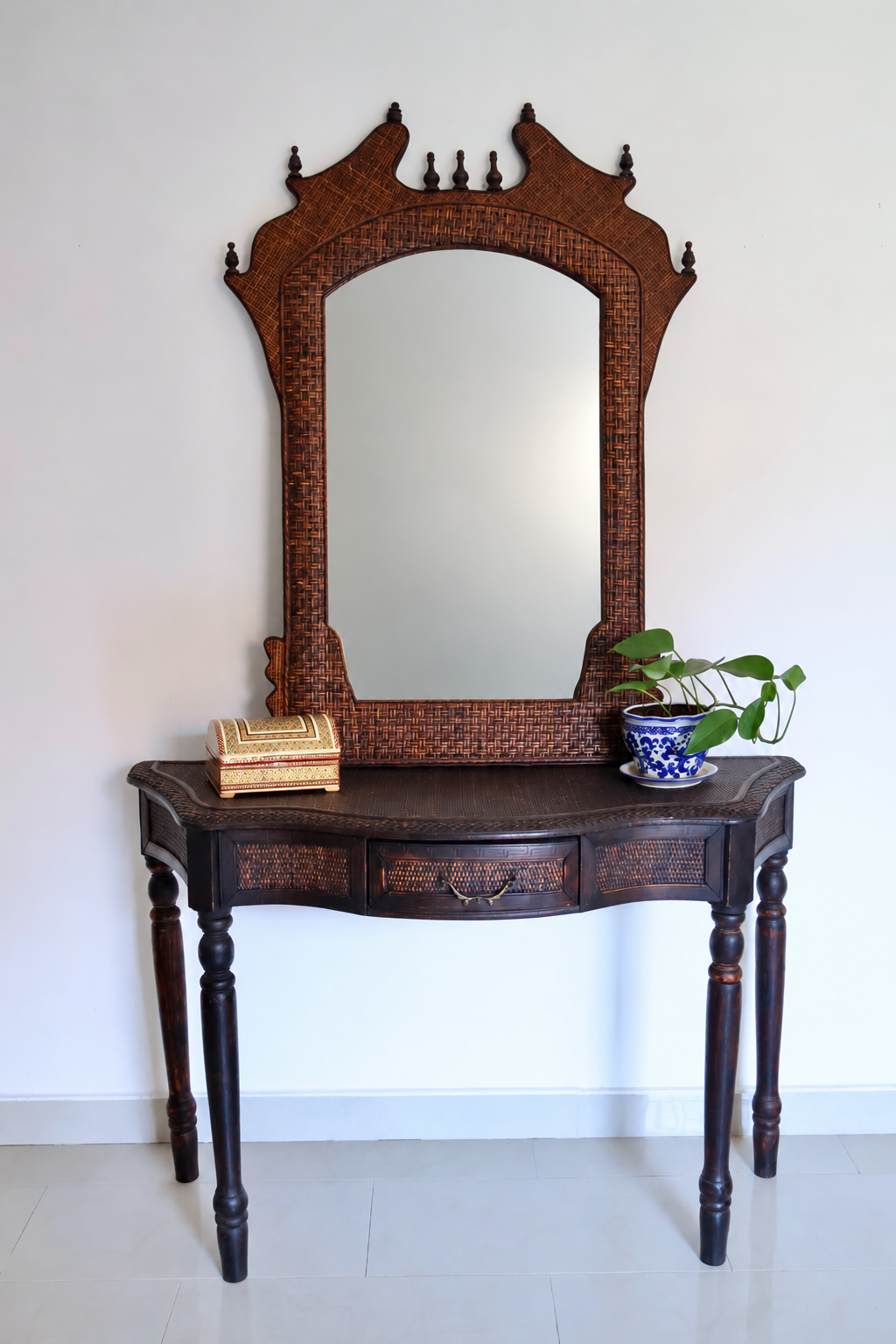 Vintage Rattan Console Table & Pagoda Mirror Set