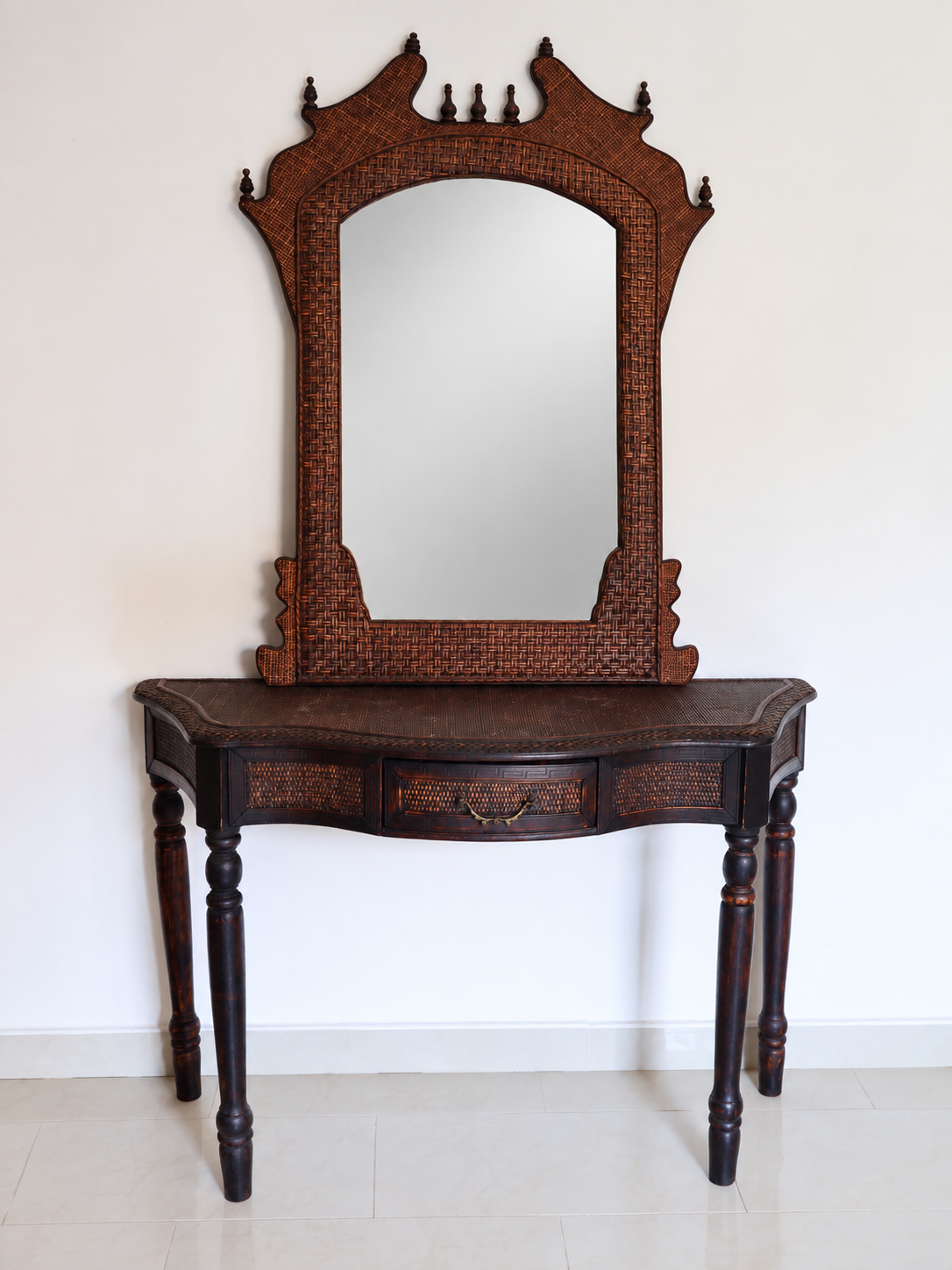 Vintage Rattan Console Table & Pagoda Mirror Set