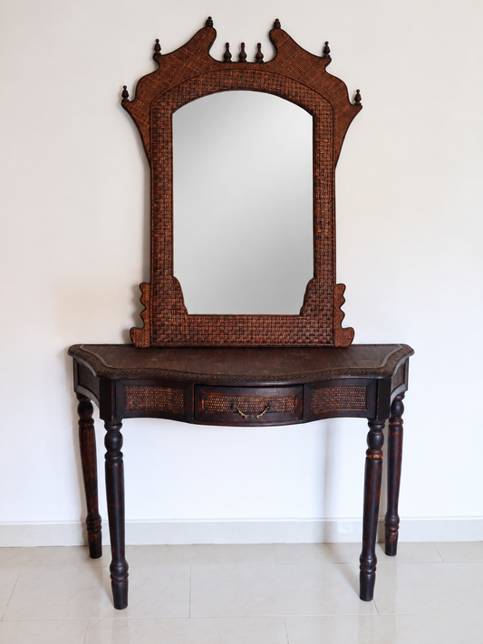 Vintage Rattan Console Table & Pagoda Mirror Set
