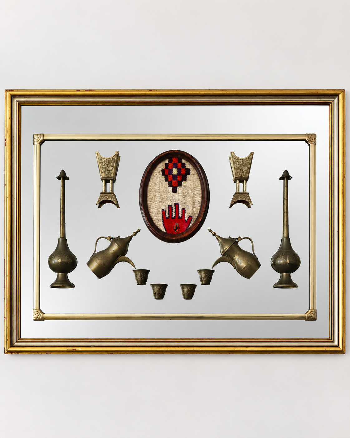 Vintage Kuwait Folk Art Diwaniya Mirror with Sadu & Traditional Brassware