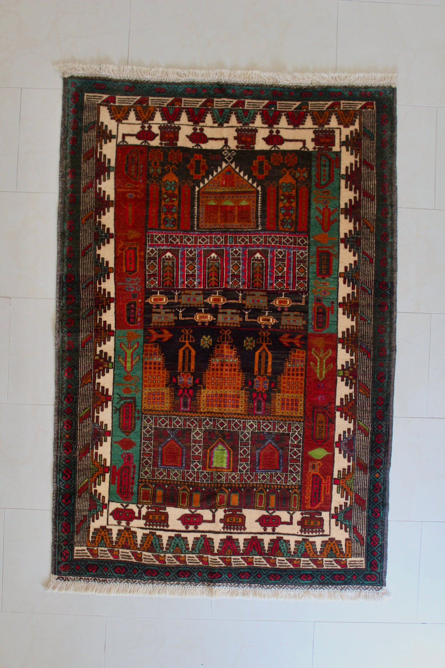 Hand-Knotted Afghan War Rug – Architectural & Military Motif - 95cm by 145cm