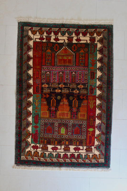 Hand-Knotted Afghan War Rug – Architectural & Military Motif - 95cm by 145cm