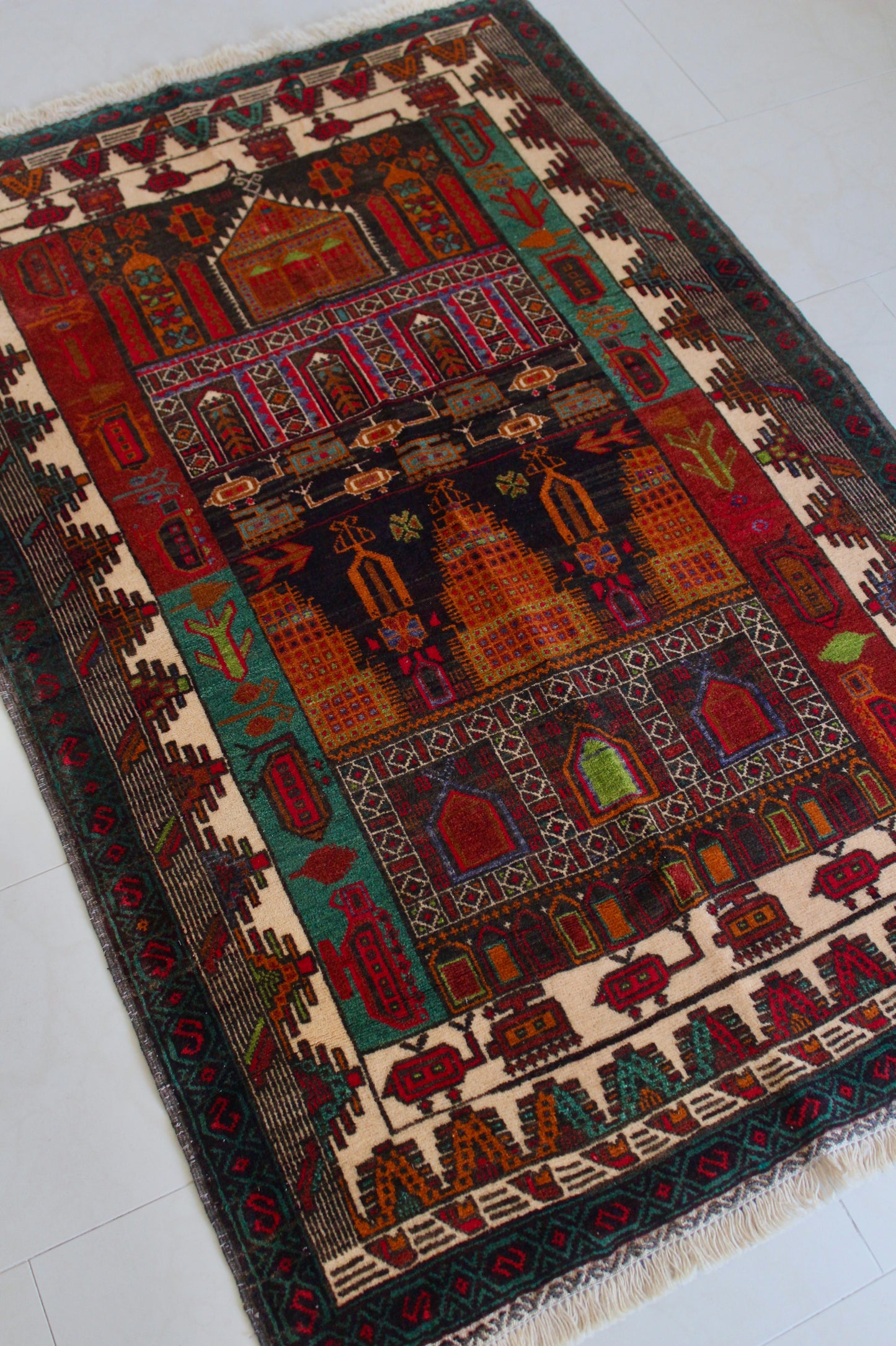 Hand-Knotted Afghan War Rug – Architectural & Military Motif - 95cm by 145cm