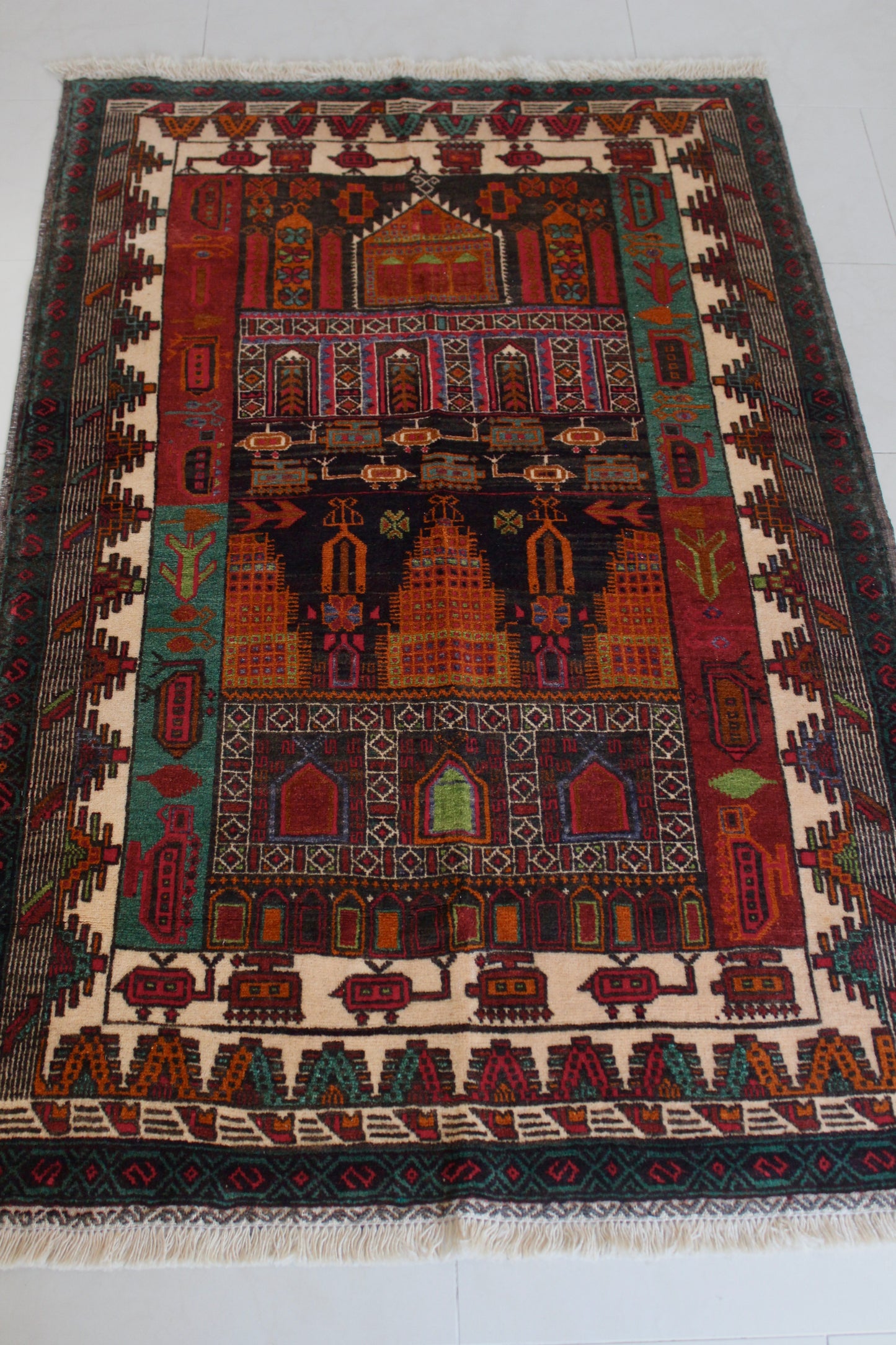 Hand-Knotted Afghan War Rug – Architectural & Military Motif - 95cm by 145cm