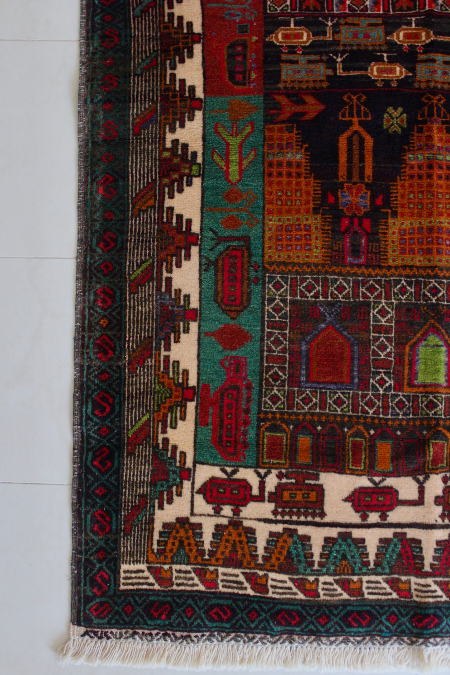 Hand-Knotted Afghan War Rug – Architectural & Military Motif - 95cm by 145cm