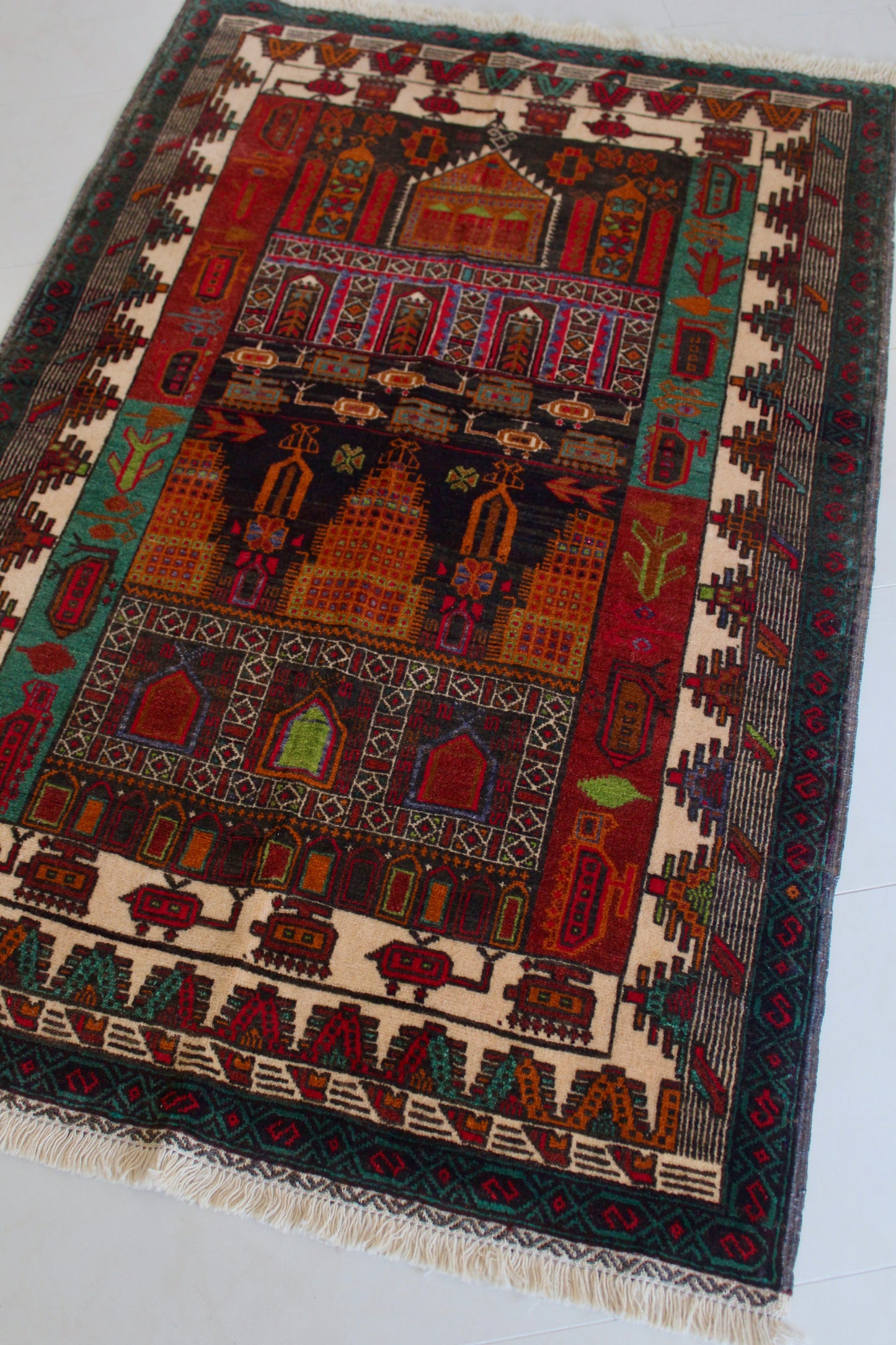 Hand-Knotted Afghan War Rug – Architectural & Military Motif - 95cm by 145cm