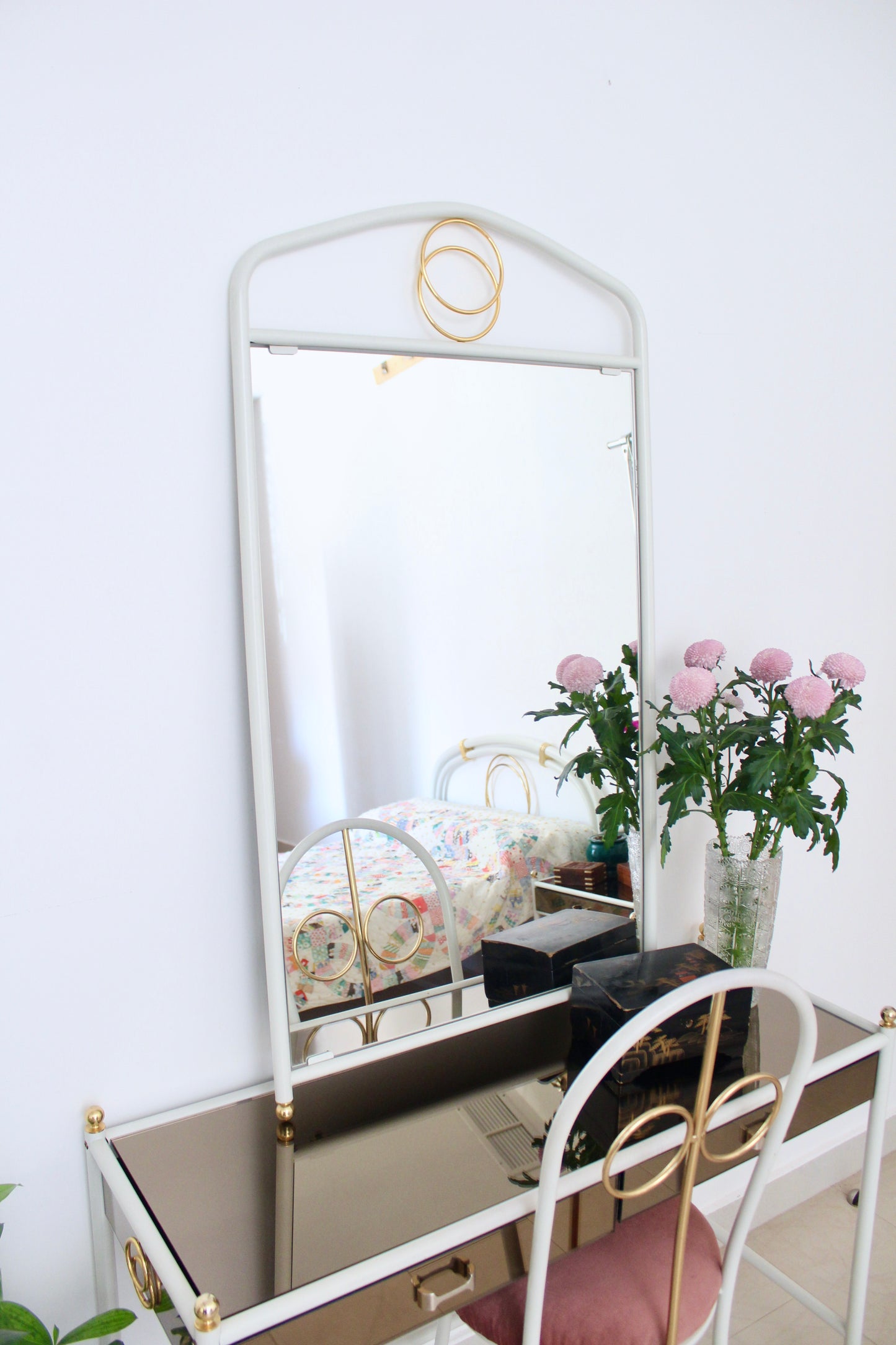 Vintage Hollywood Regency White & Brass Bedroom Suite – Bed, Vanity & Bedside Table