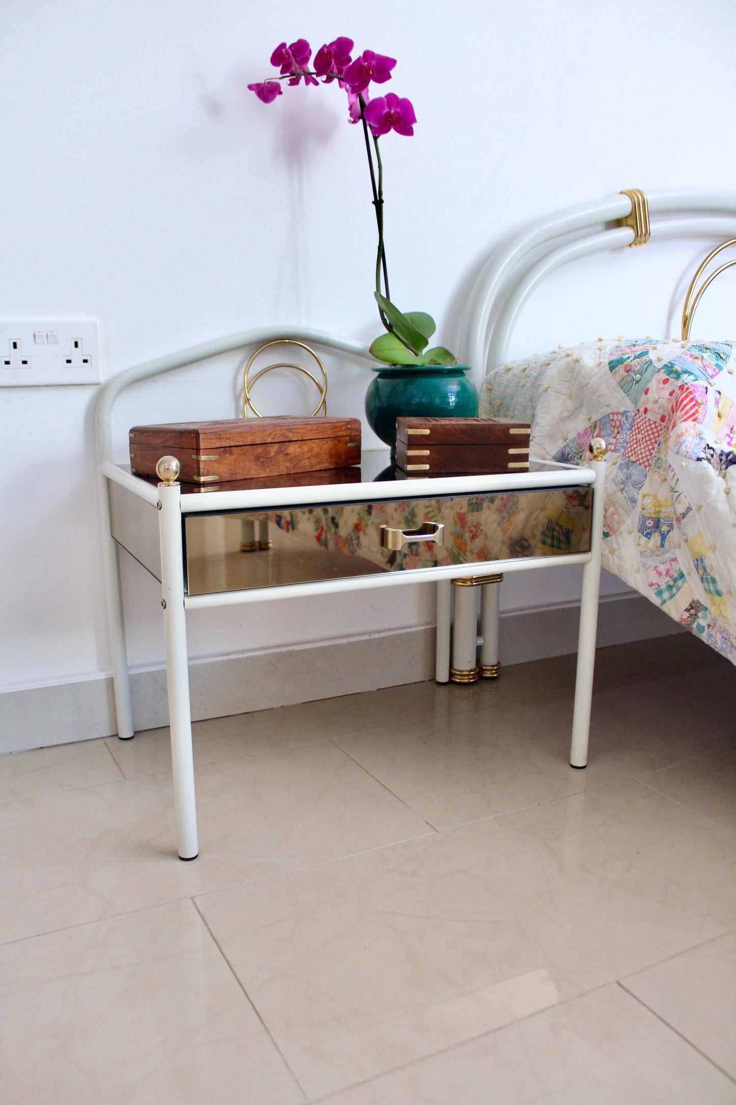 Vintage Hollywood Regency White & Brass Bedroom Suite – Bed, Vanity & Bedside Table