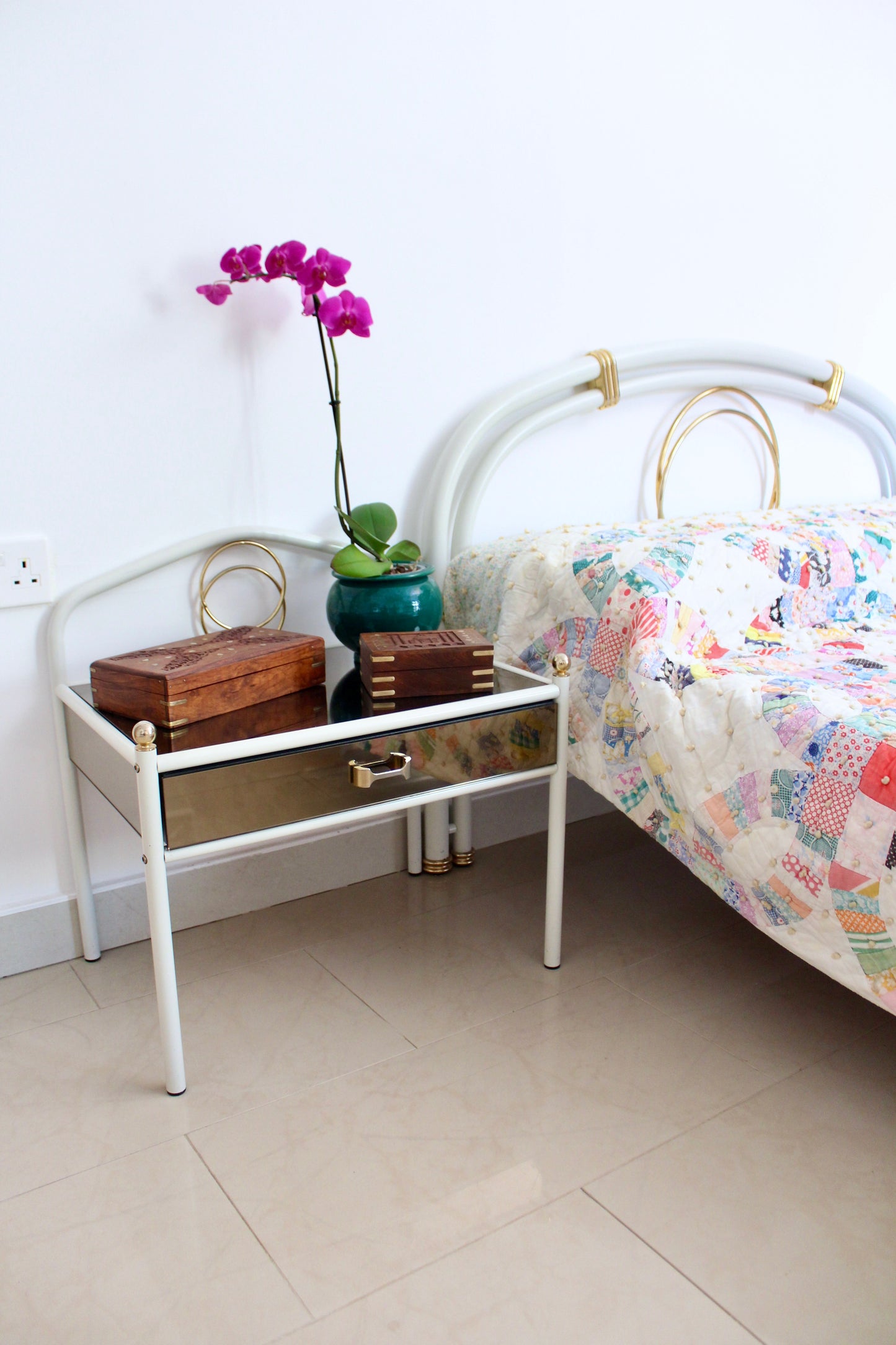 Vintage Hollywood Regency White & Brass Bedroom Suite – Bed, Vanity & Bedside Table