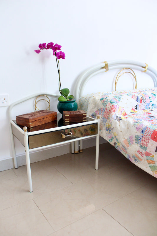 Vintage Hollywood Regency White & Brass Bedroom Suite – Bed, Vanity & Bedside Table