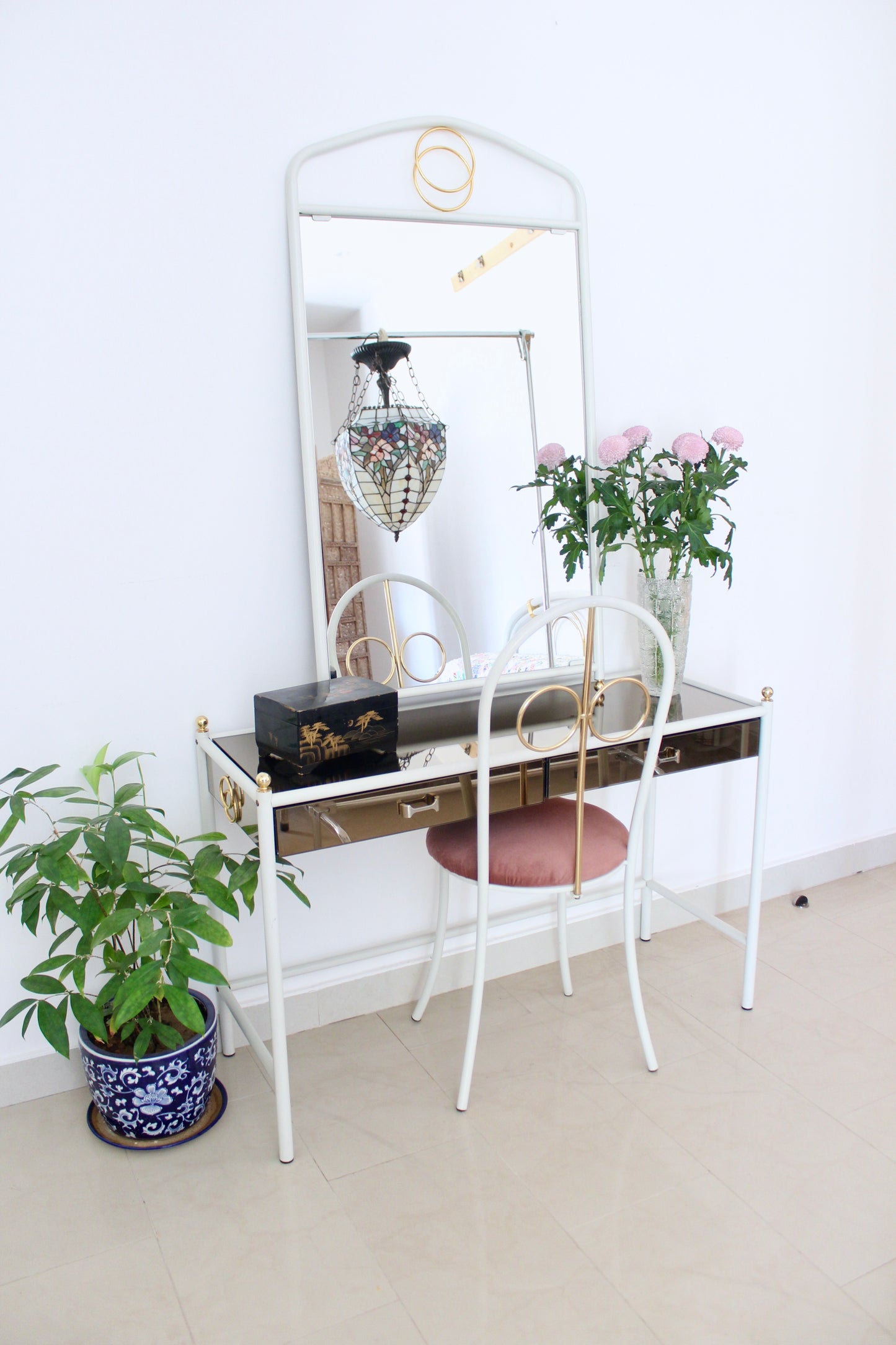 Vintage Hollywood Regency White & Brass Bedroom Suite – Bed, Vanity & Bedside Table