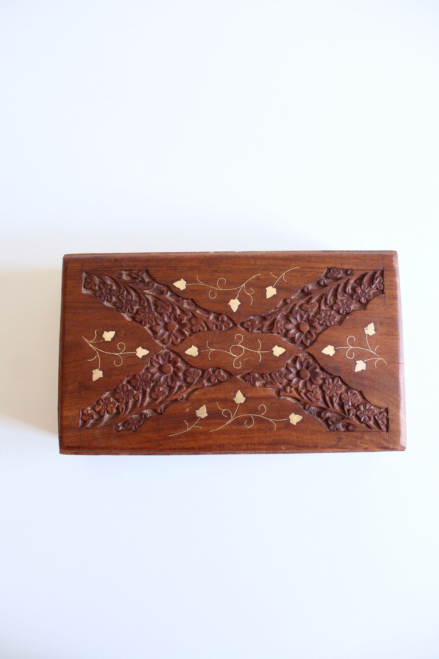 Vintage Hand-Carved Wooden Keepsake Box with Floral Inlay