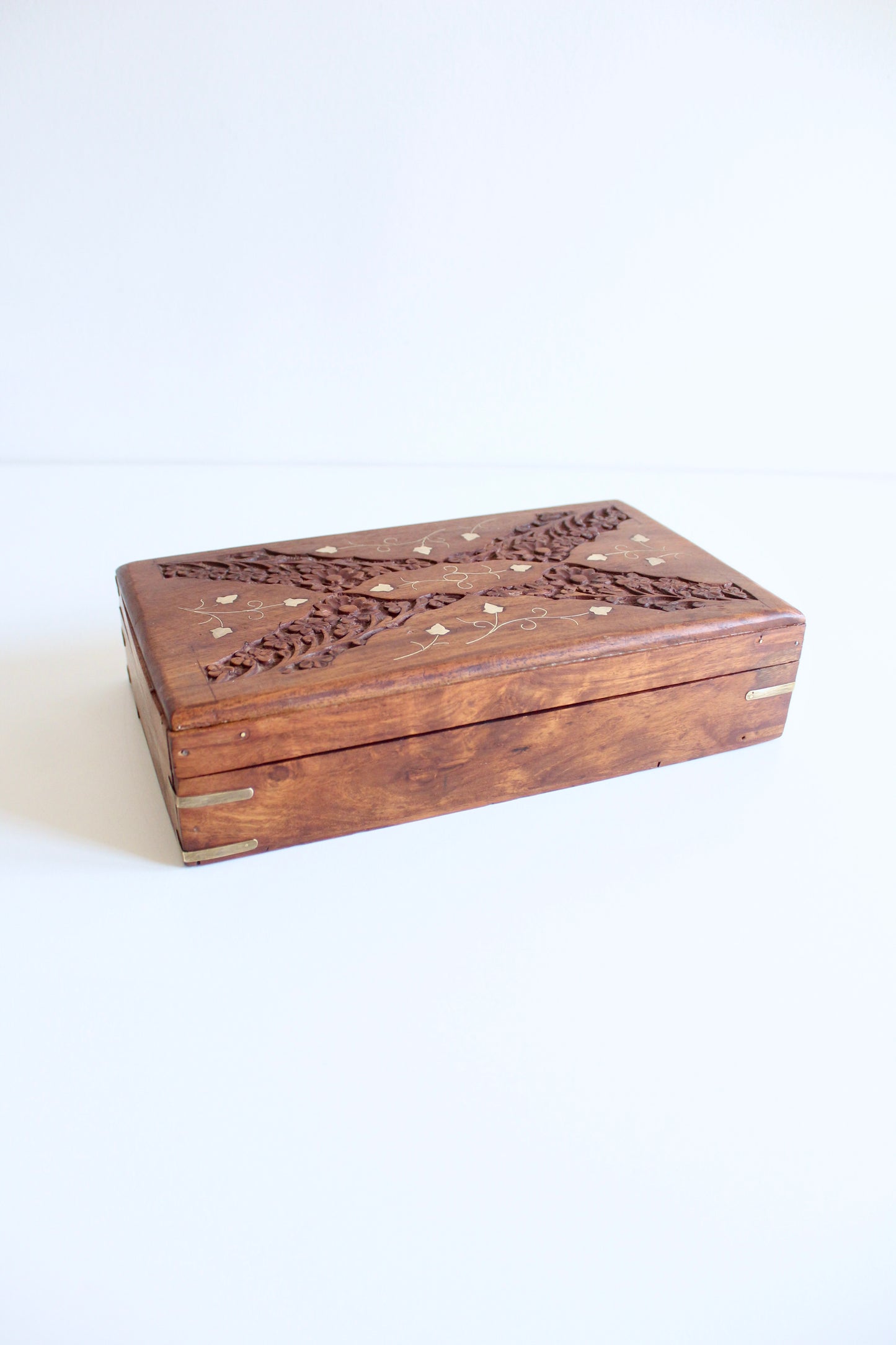 Vintage Hand-Carved Wooden Keepsake Box with Floral Inlay