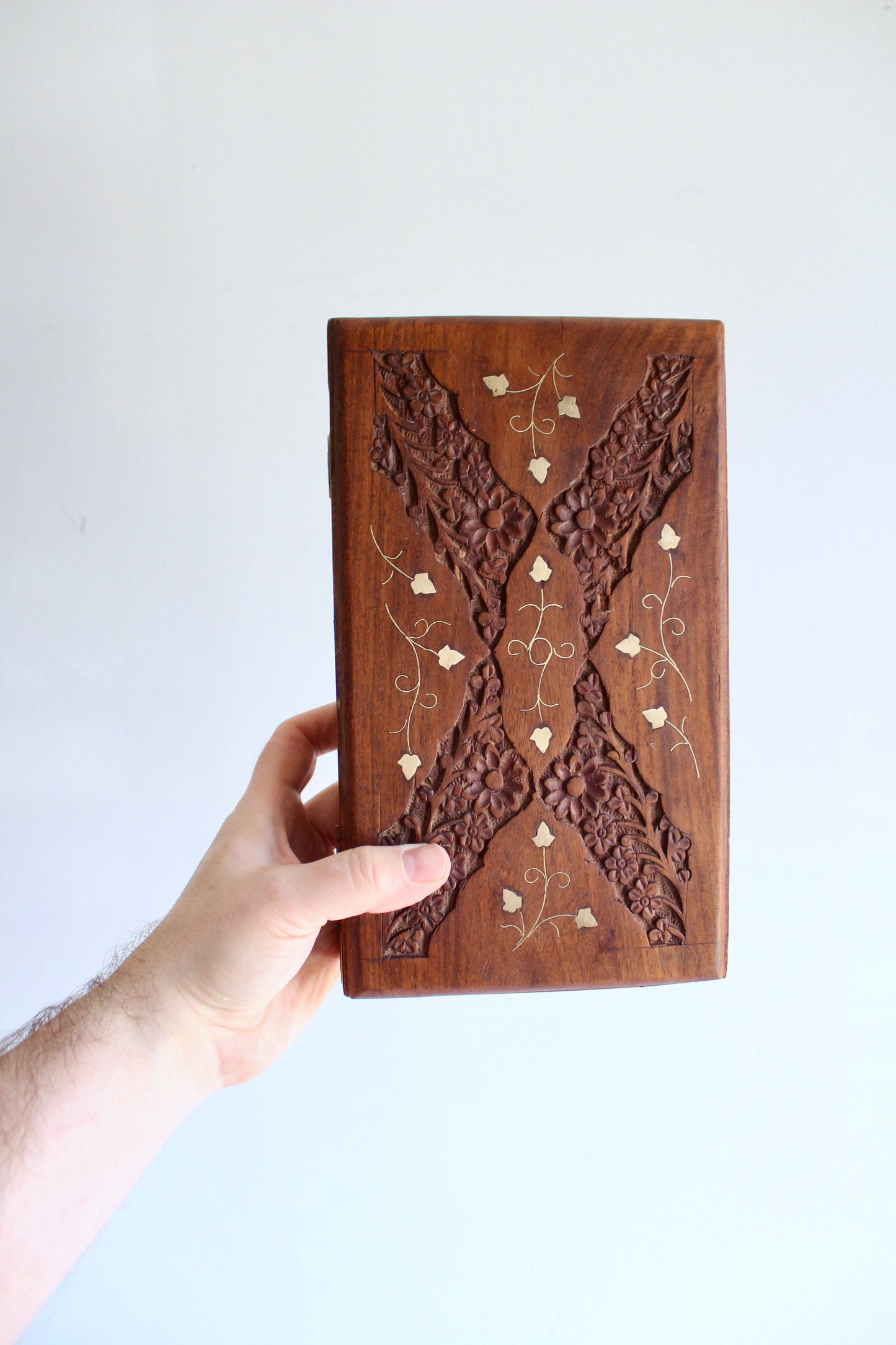 Vintage Hand-Carved Wooden Keepsake Box with Floral Inlay