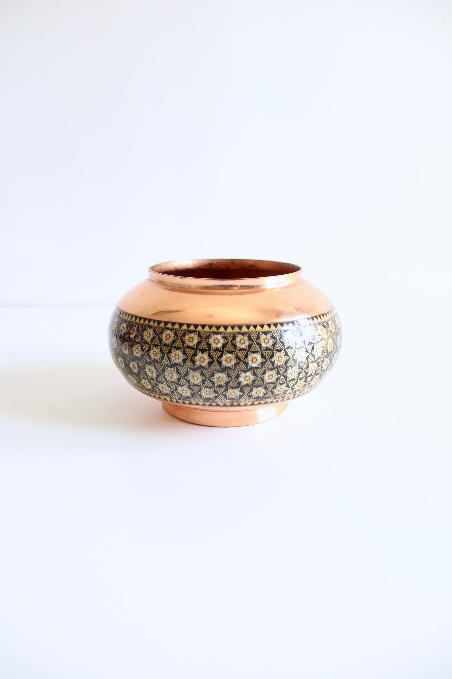 Vintage Persian Copper Bowl with Khatam Marquetry