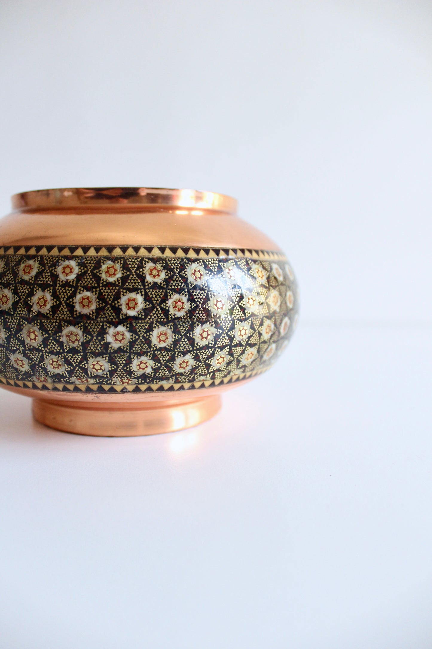 Vintage Persian Copper Bowl with Khatam Marquetry