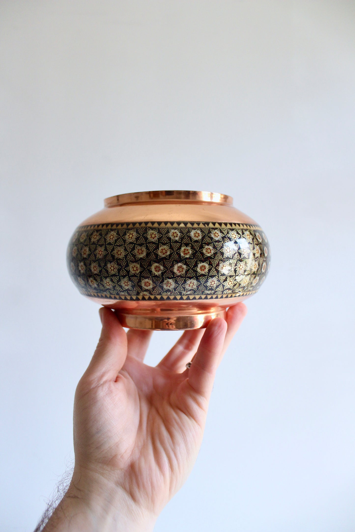 Vintage Persian Copper Bowl with Khatam Marquetry