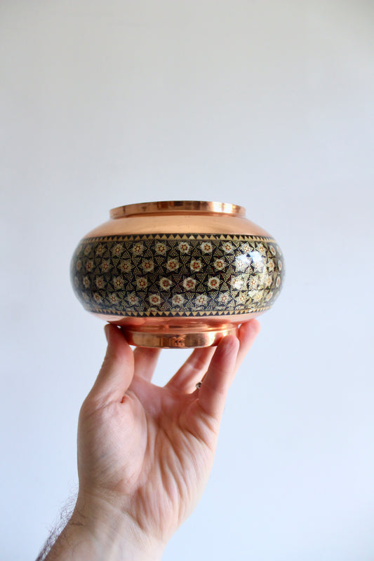 Vintage Persian Copper Bowl with Khatam Marquetry