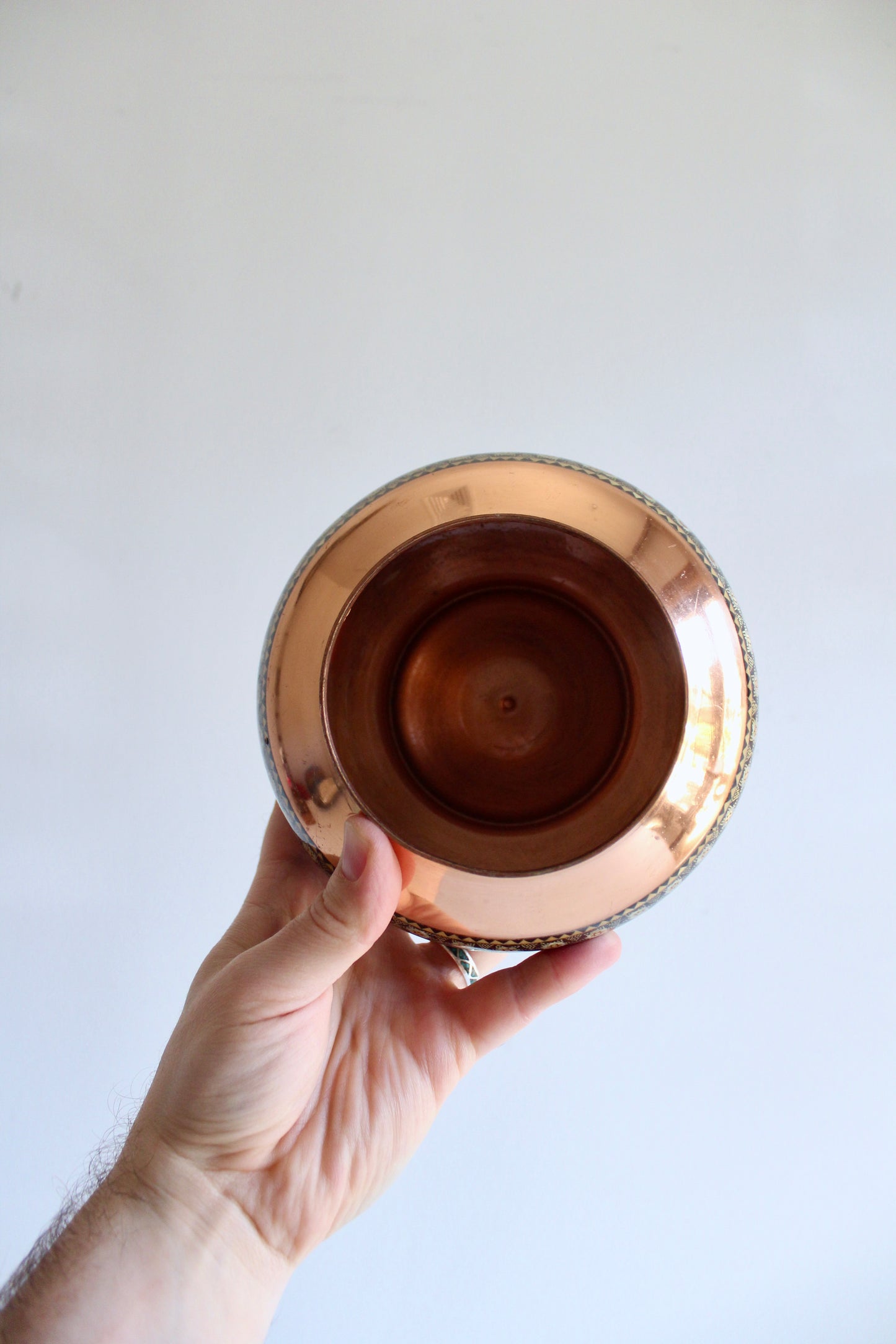 Vintage Persian Copper Bowl with Khatam Marquetry