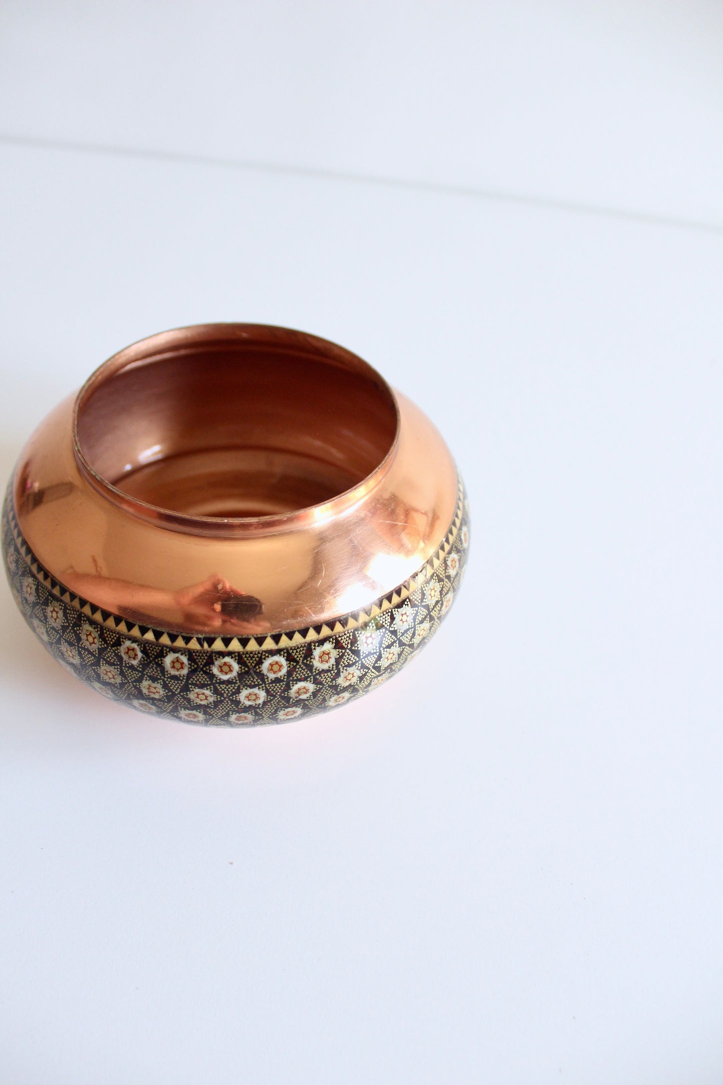 Vintage Persian Copper Bowl with Khatam Marquetry