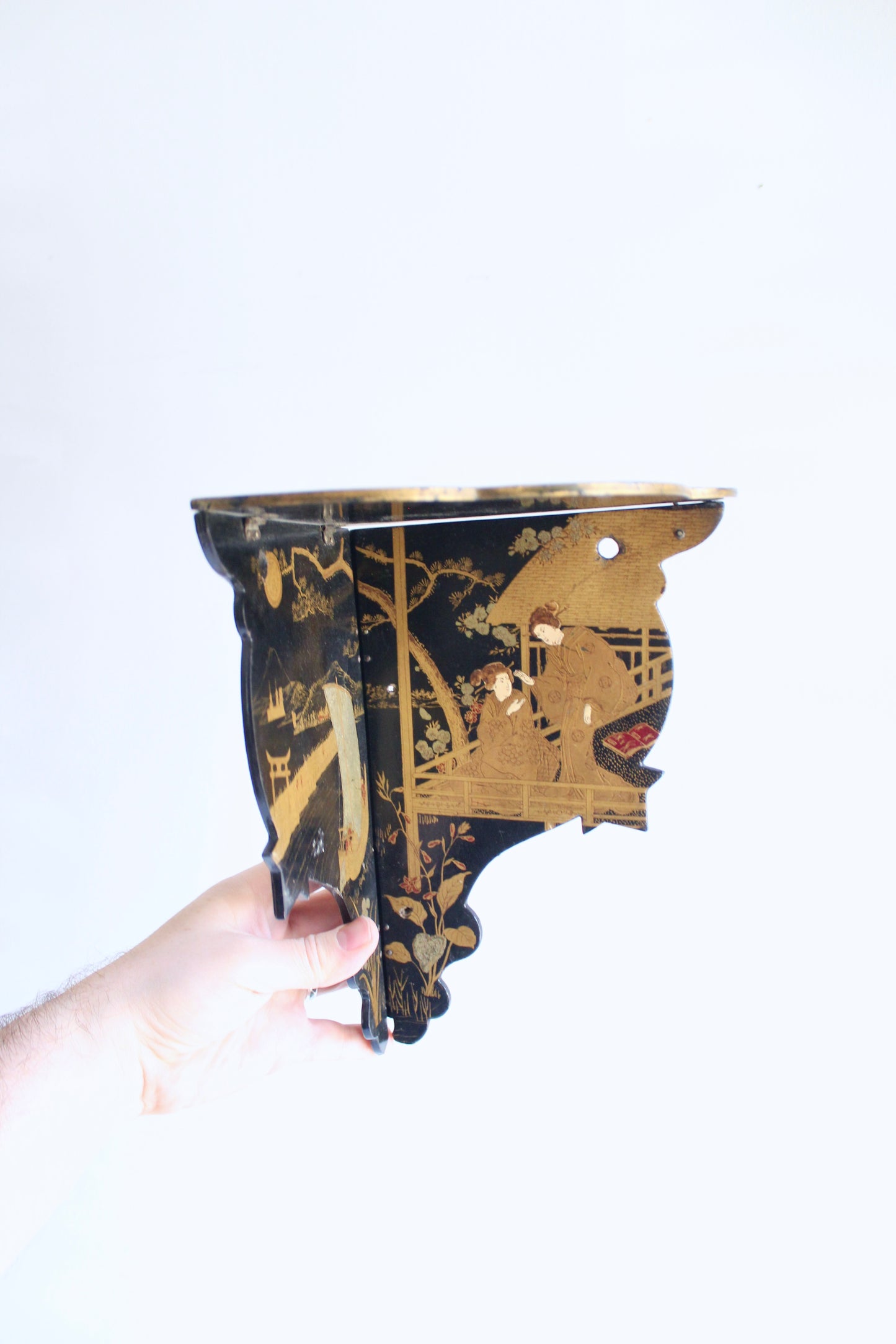 Antique Japanese Chinoiserie Folding Wall Corner Shelf