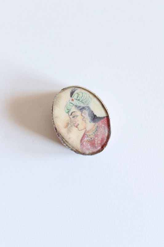 Vintage Silver-Plated Pill Box with Hand-Painted Mughal Portrait Miniature