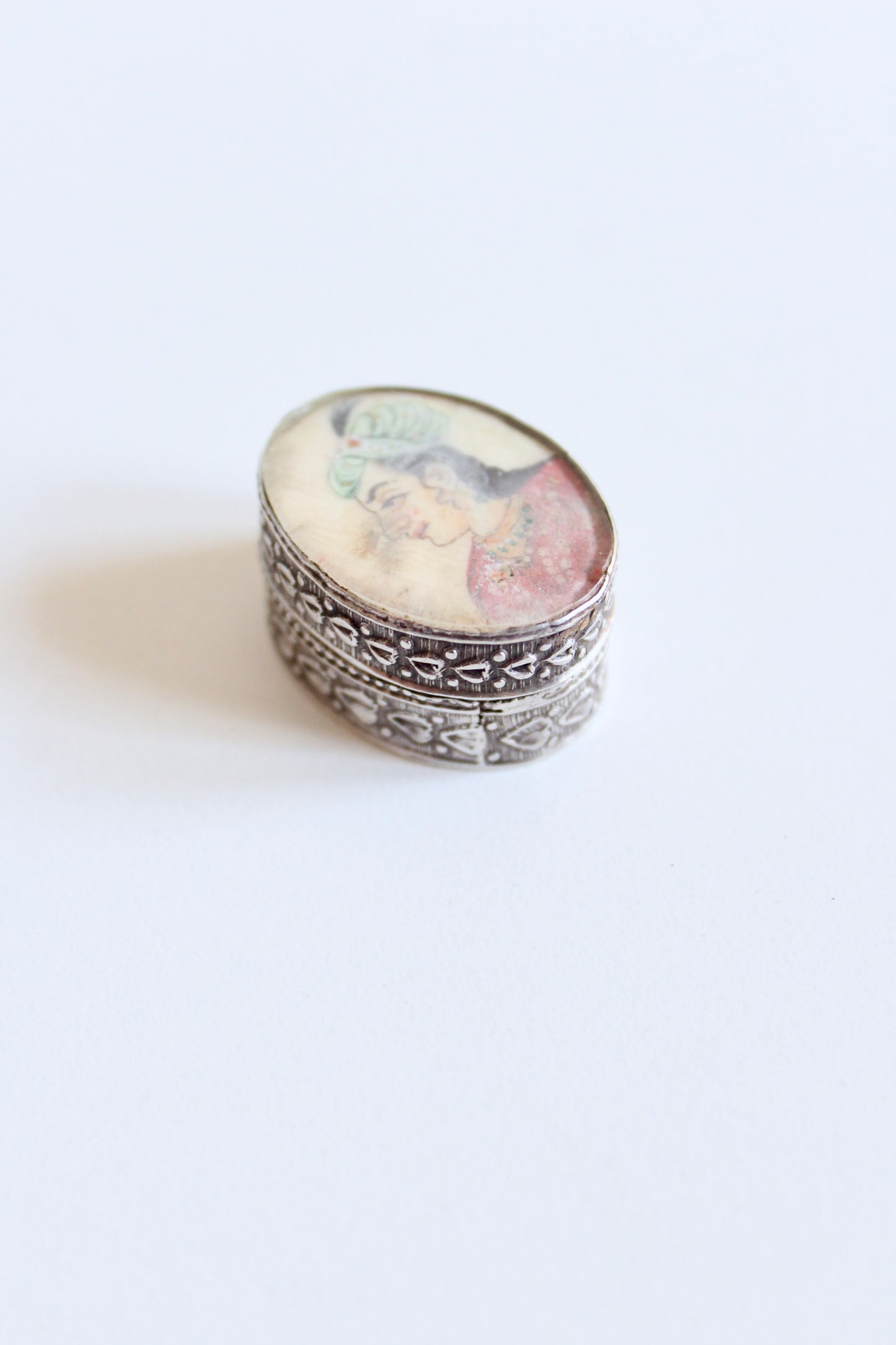 Vintage Silver-Plated Pill Box with Hand-Painted Mughal Portrait Miniature