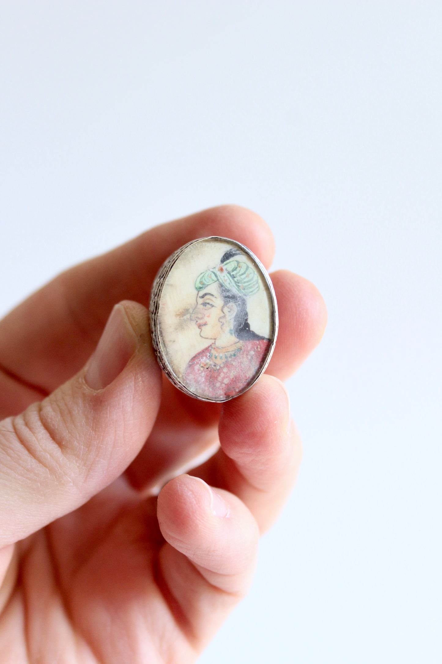 Vintage Silver-Plated Pill Box with Hand-Painted Mughal Portrait Miniature