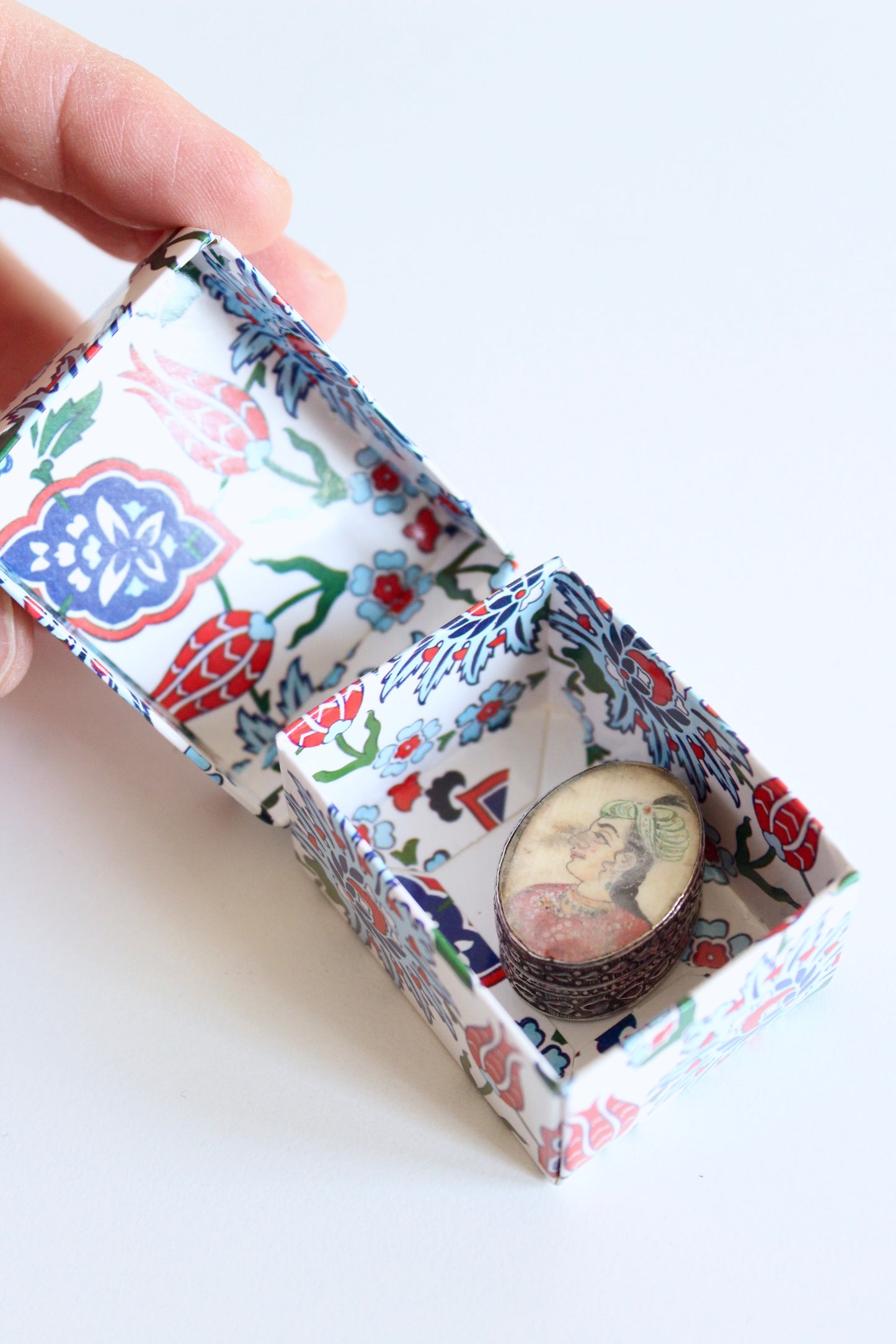 Vintage Silver-Plated Pill Box with Hand-Painted Mughal Portrait Miniature