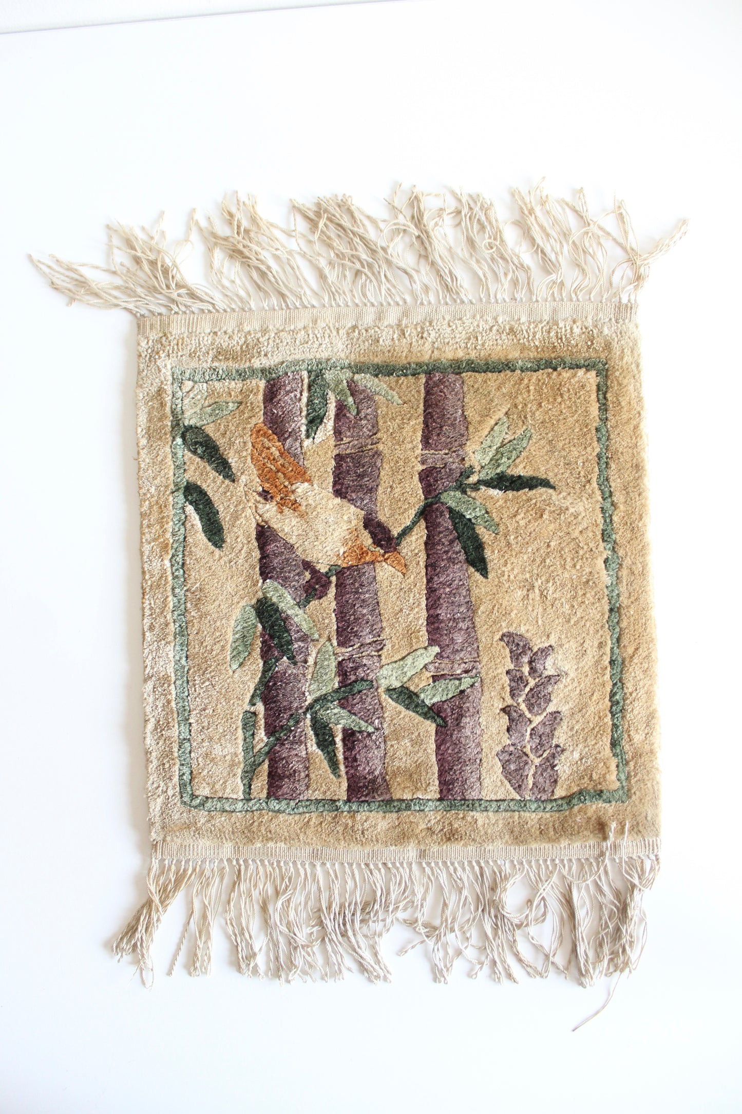 Vintage Chinese Silk Crane & Bamboo Wall Hanging / Small Rug
