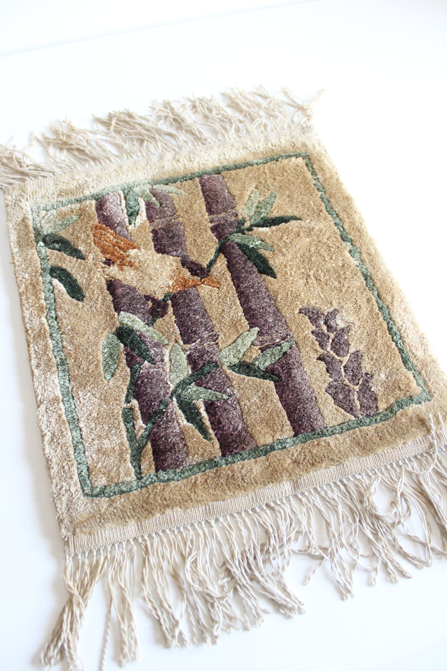 Vintage Chinese Silk Crane & Bamboo Wall Hanging / Small Rug