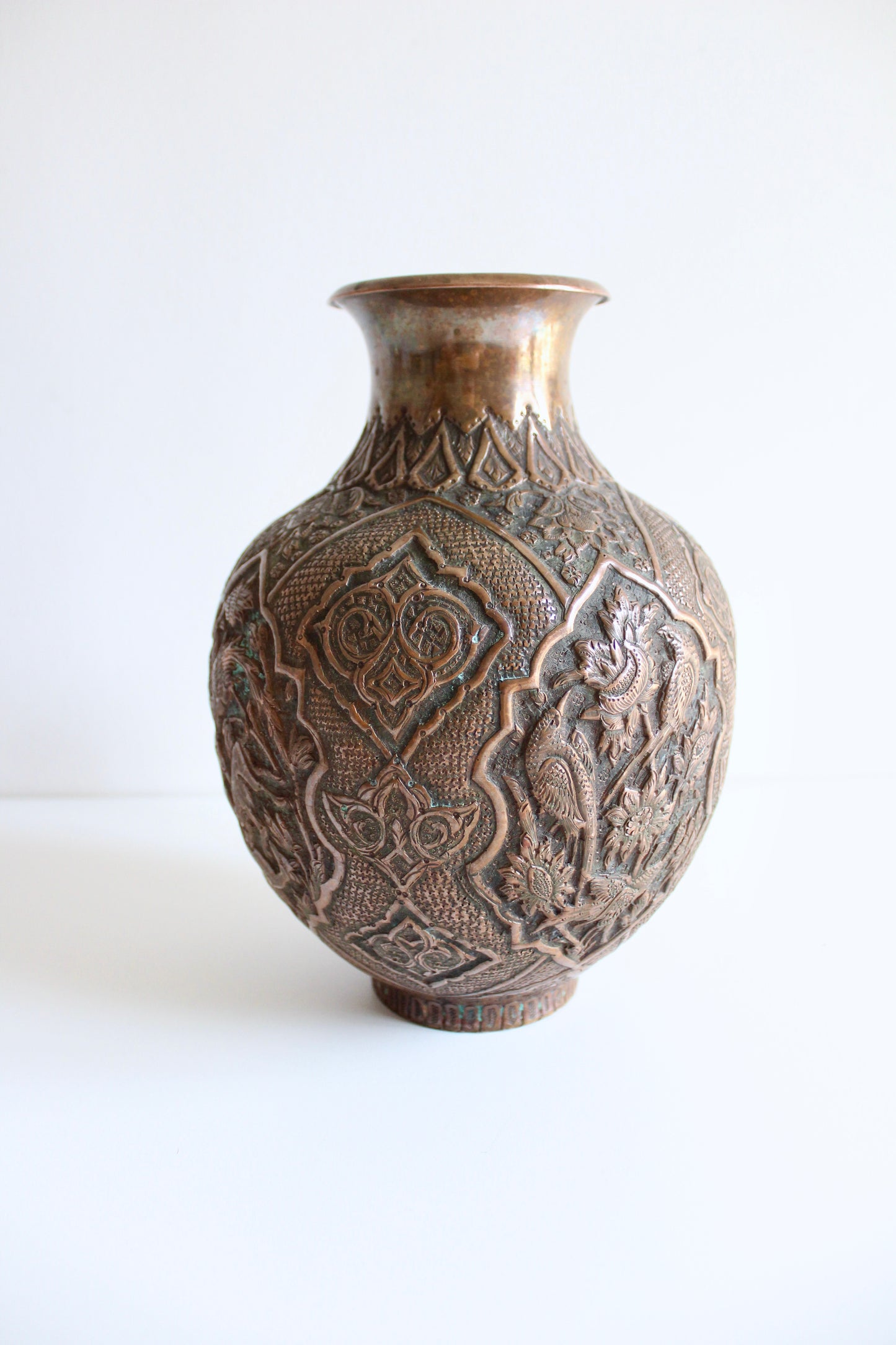 Hand-Engraved Persian Copper Vase – Repoussé Wildlife & Floral Design