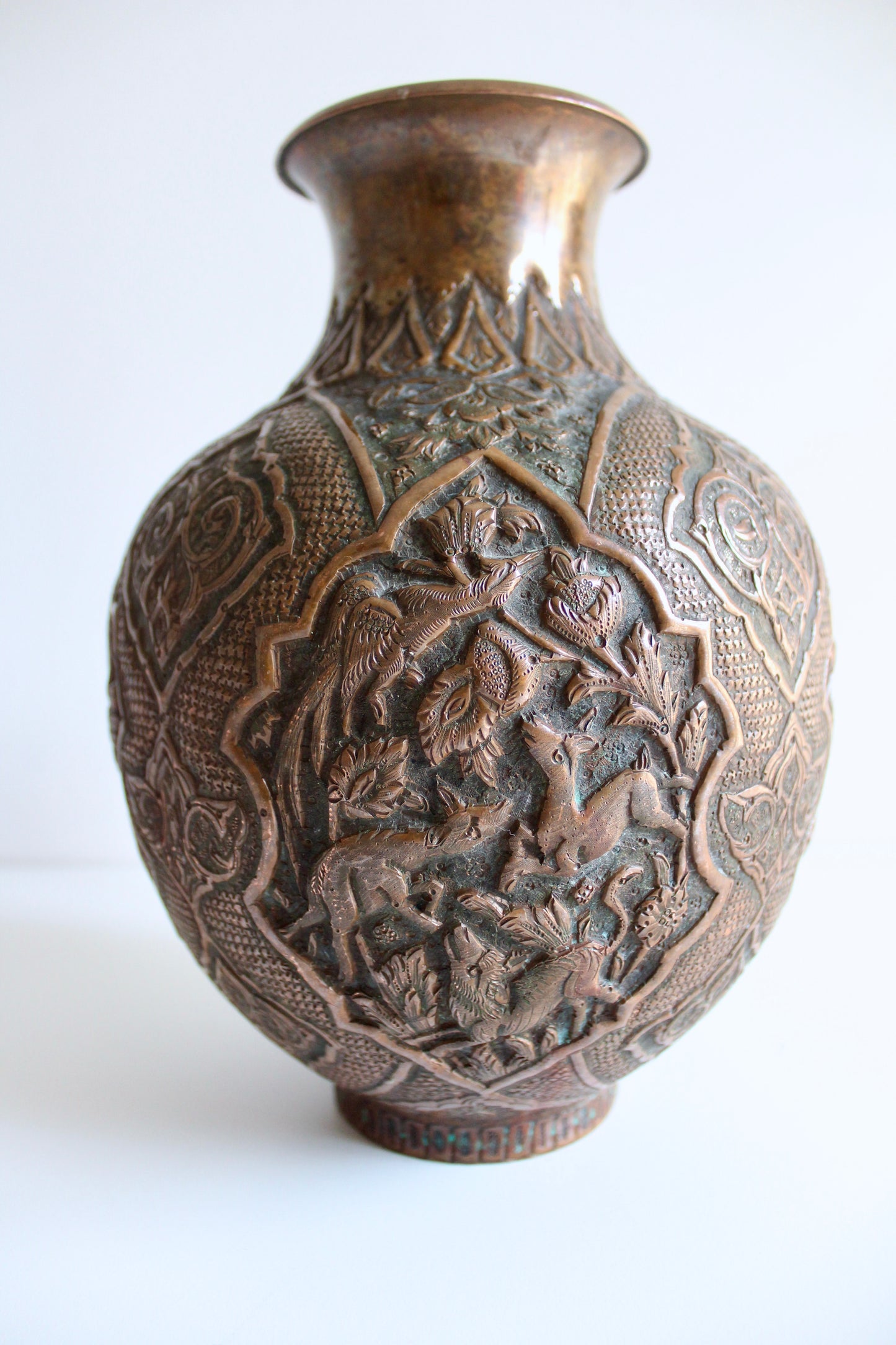 Hand-Engraved Persian Copper Vase – Repoussé Wildlife & Floral Design