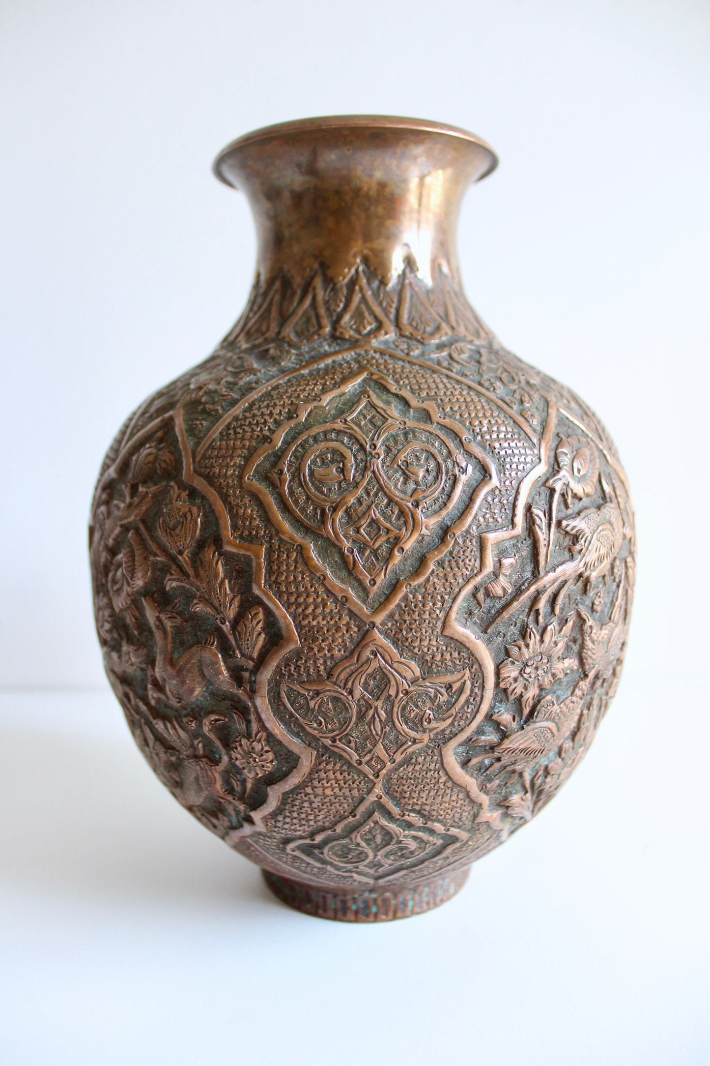 Hand-Engraved Persian Copper Vase – Repoussé Wildlife & Floral Design