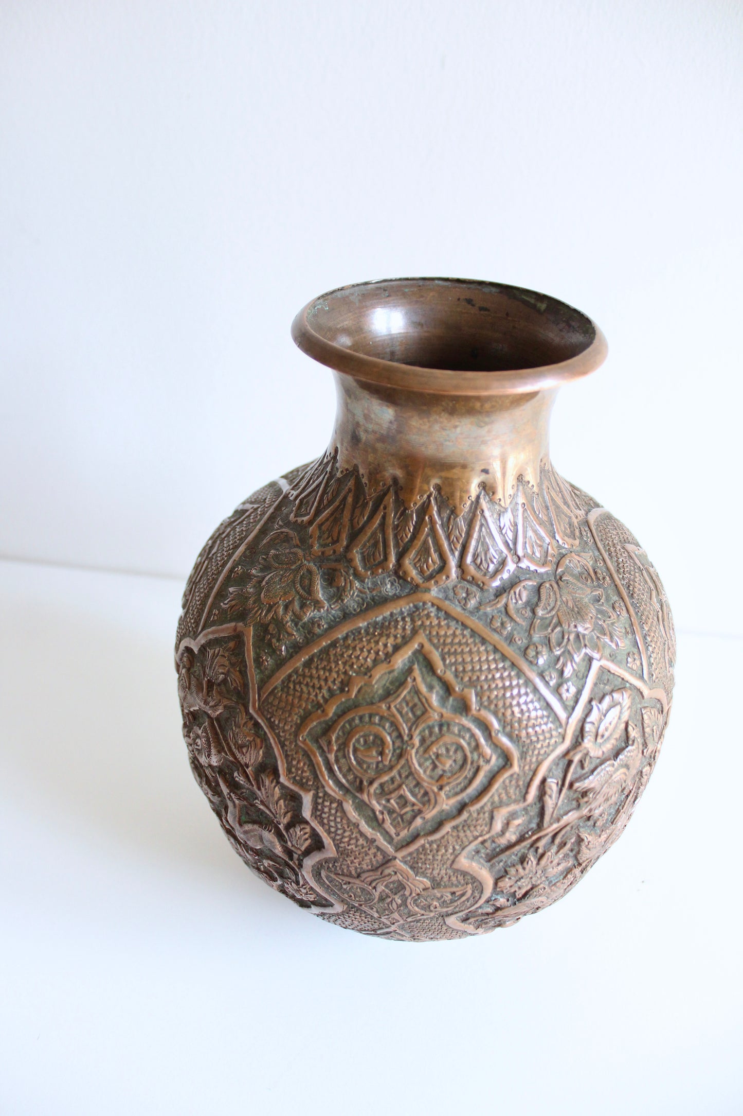 Hand-Engraved Persian Copper Vase – Repoussé Wildlife & Floral Design