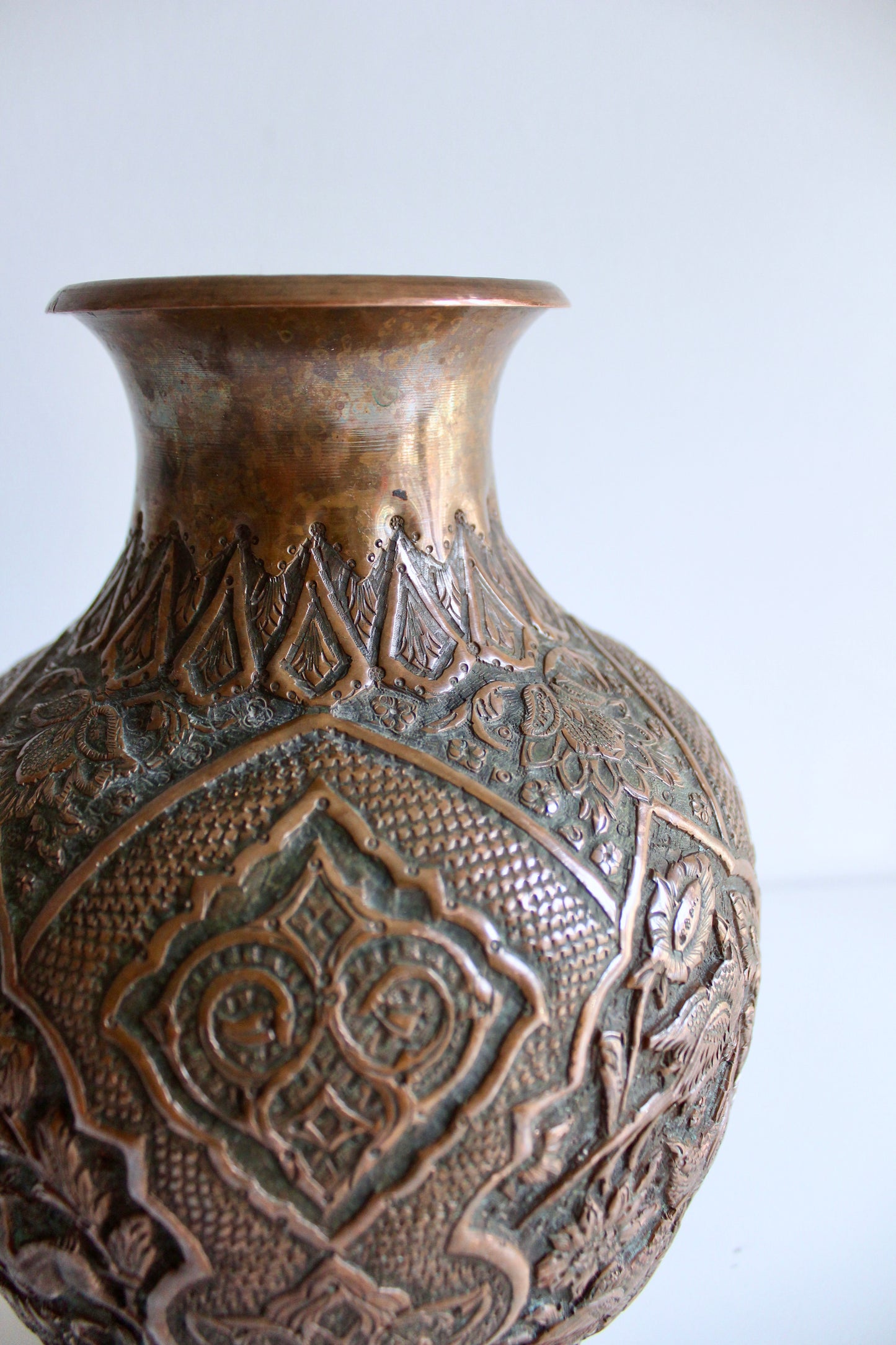 Hand-Engraved Persian Copper Vase – Repoussé Wildlife & Floral Design