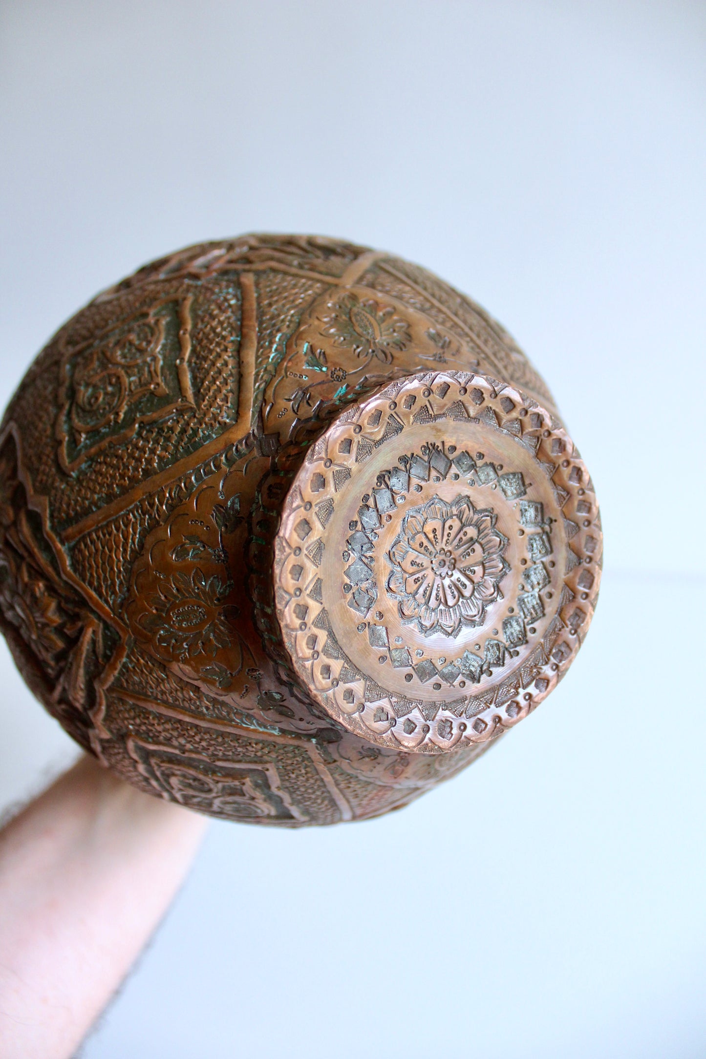 Hand-Engraved Persian Copper Vase – Repoussé Wildlife & Floral Design
