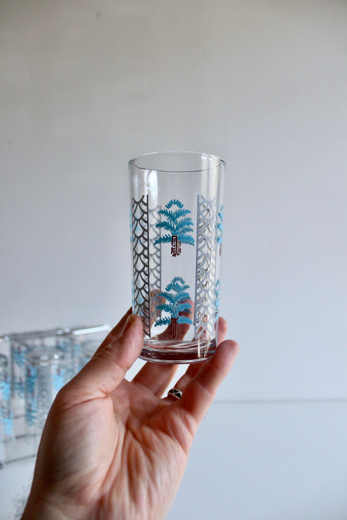 Vintage KSA Palm Tree Glasses Set – 7 Saudi Tea & Juice Glasses with Original Chrome Stand