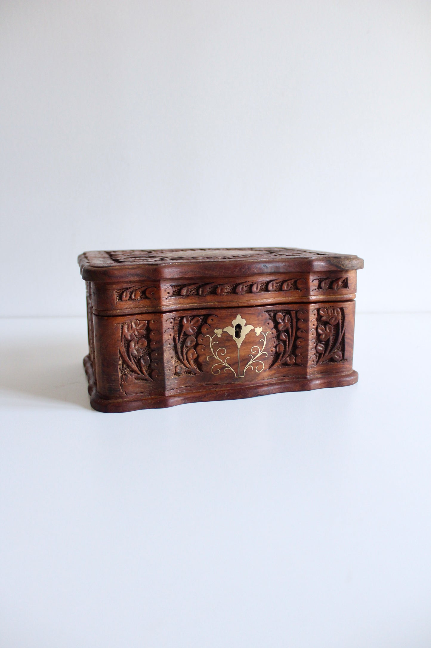 Hand-Carved Wooden Jewelry Box with Mirror