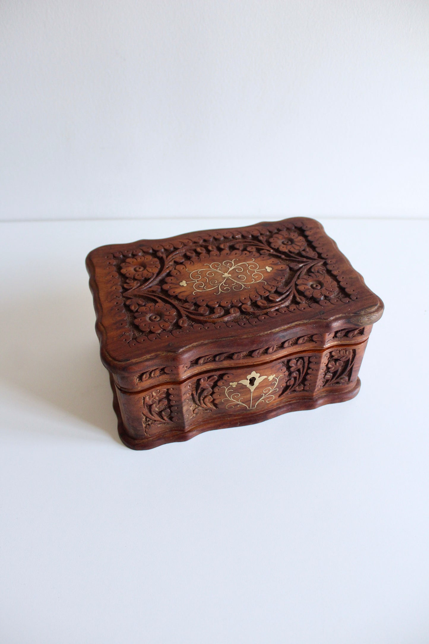 Hand-Carved Wooden Jewelry Box with Mirror