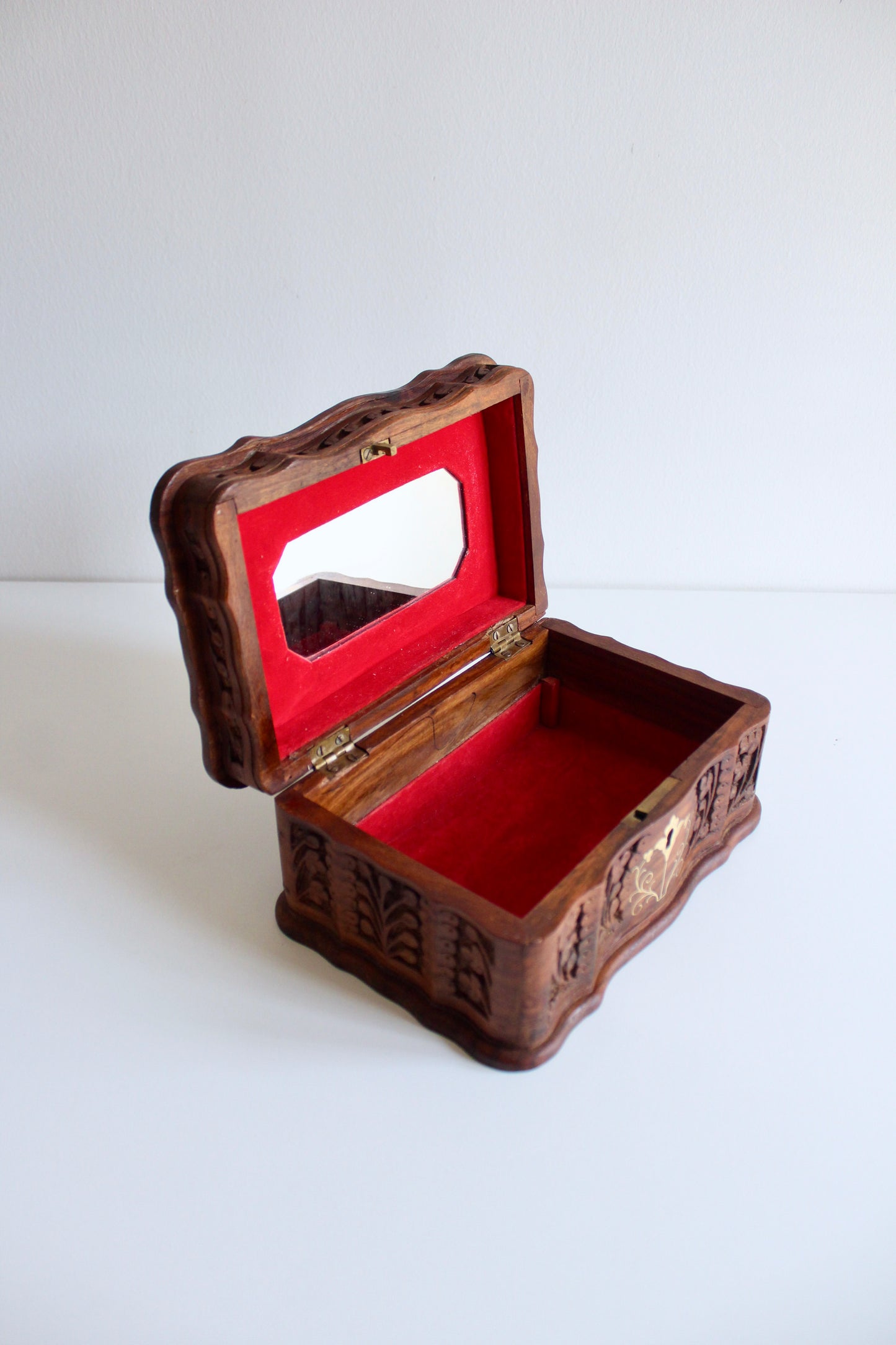 Hand-Carved Wooden Jewelry Box with Mirror