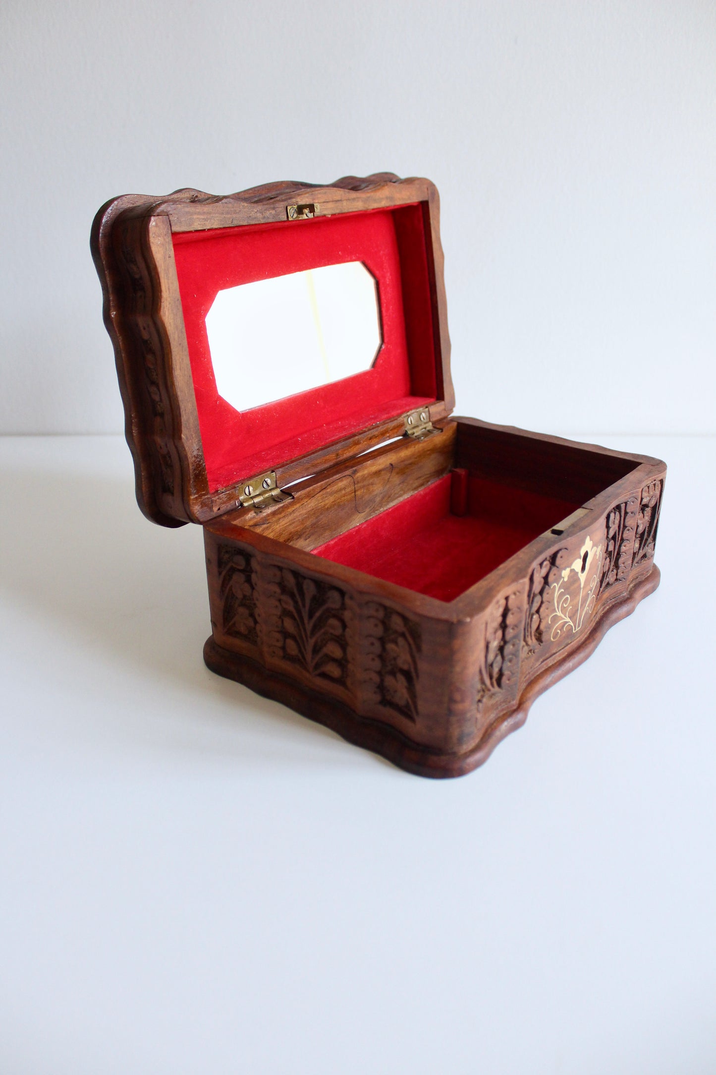 Hand-Carved Wooden Jewelry Box with Mirror