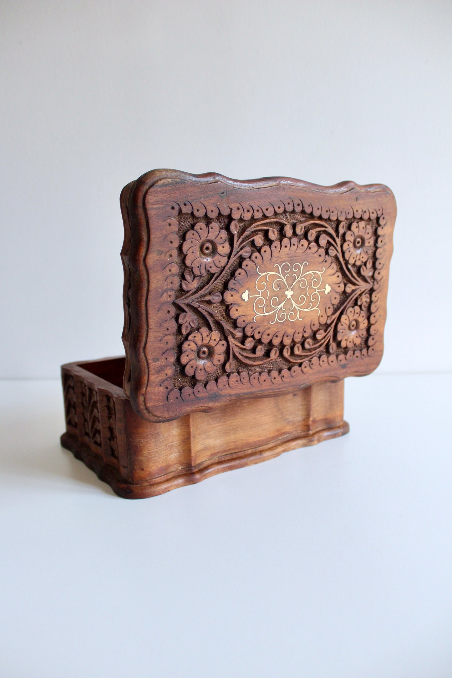 Hand-Carved Wooden Jewelry Box with Mirror