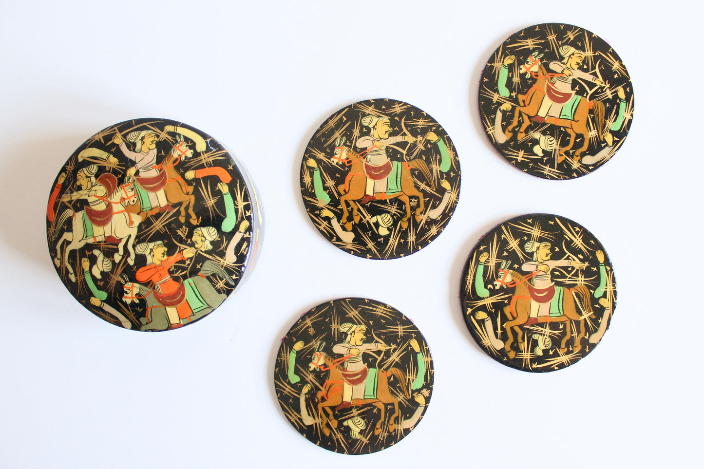 Vintage Kashmiri Papier-Mâché Coaster Set with Box