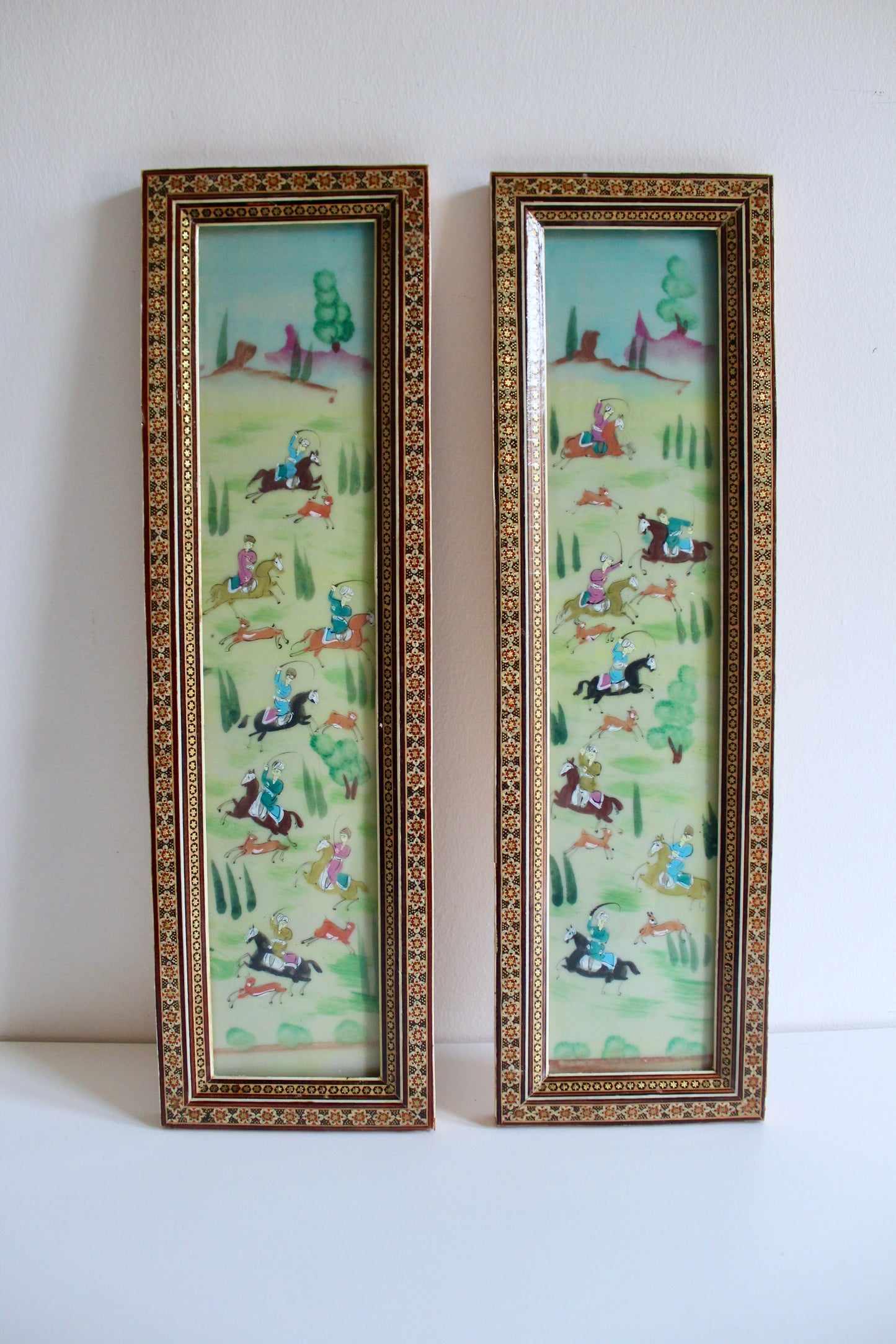 Pair of Vintage Persian Khatam Marquetry Hunting Scene Paintings