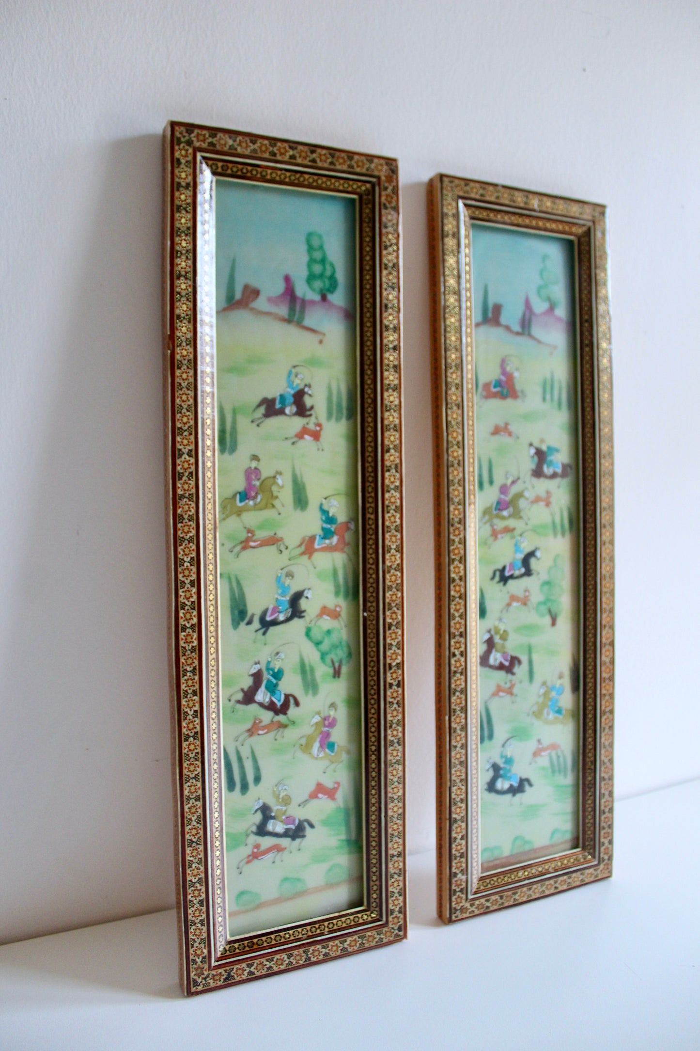 Pair of Vintage Persian Khatam Marquetry Hunting Scene Paintings